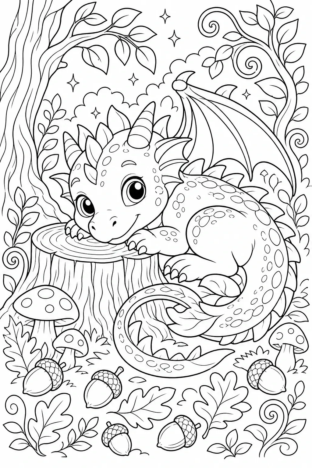 Black and white coloring page of cute baby dragon resting on a tree stump in a forest with mushrooms, leaves, and acorns