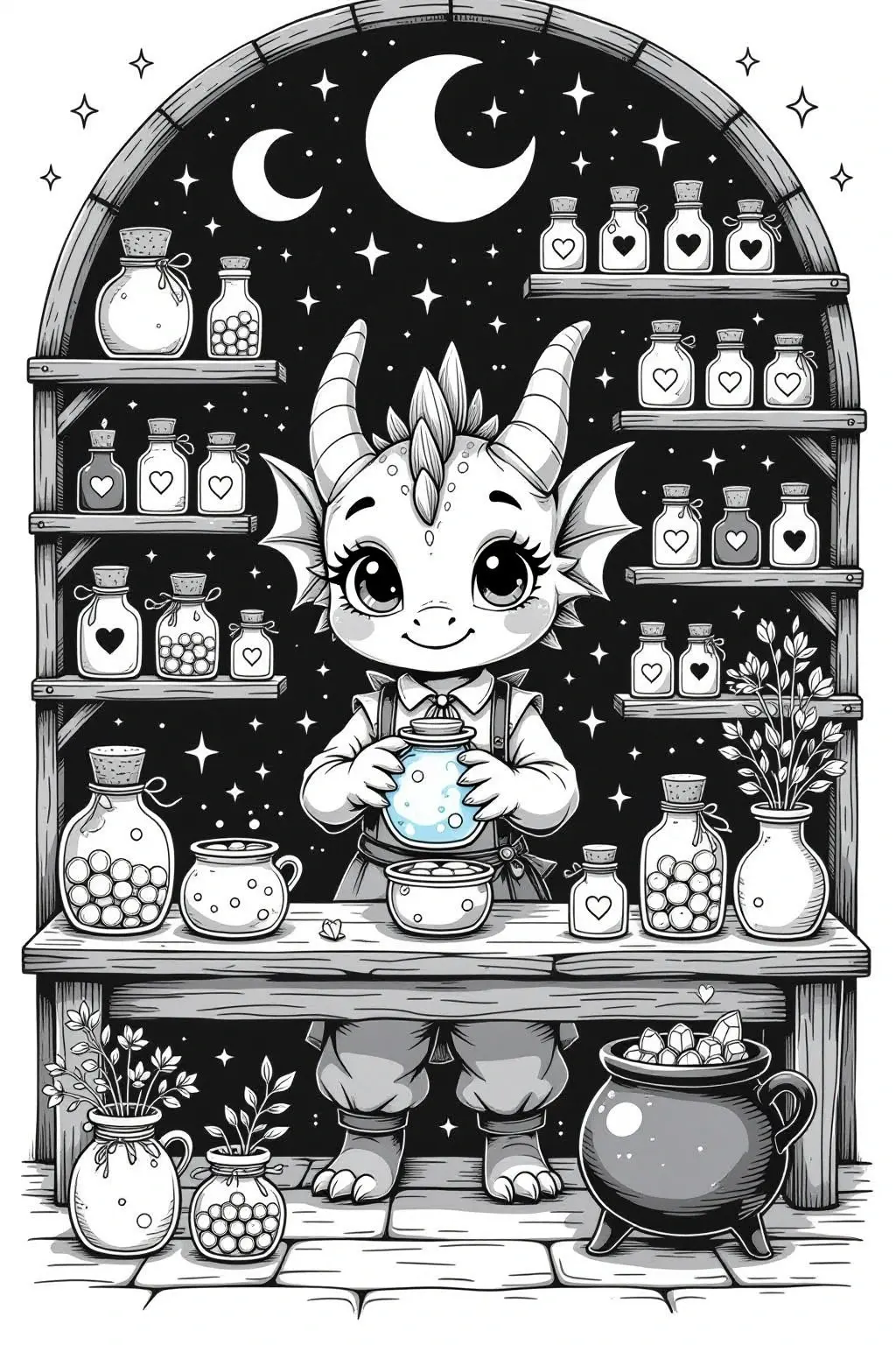 Black and white coloring page of cute baby dragon standing in a potion shop surrounded by jars, bottles, a cauldron, and magical shelves under a moonlit sky