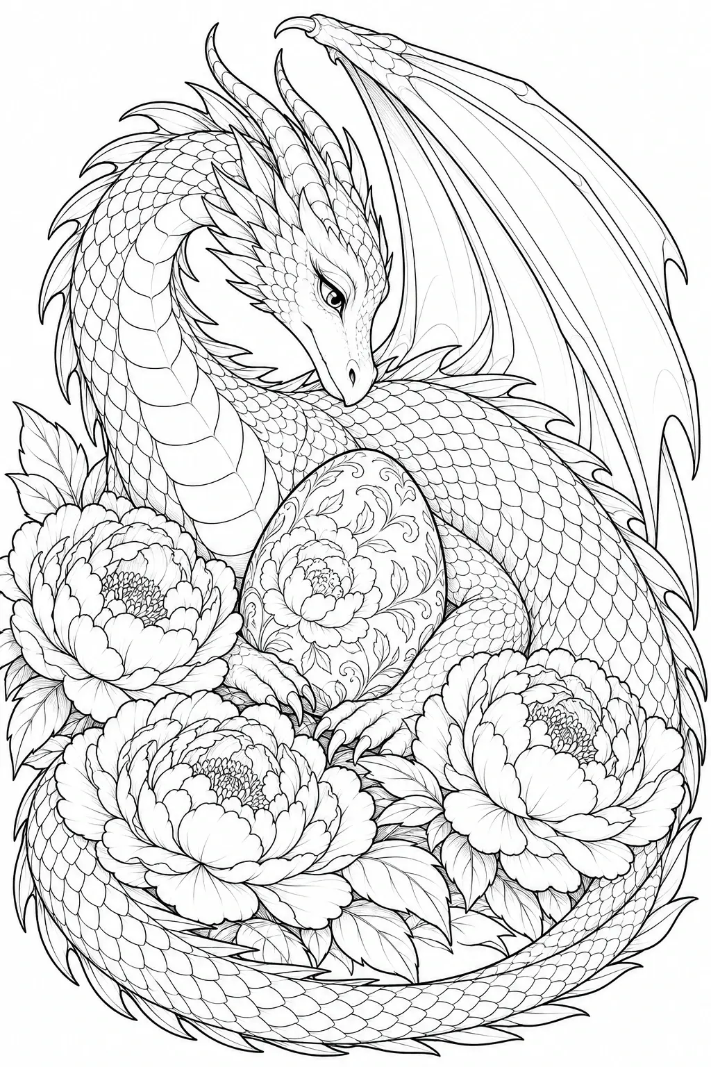 A detailed black-and-white coloring page shows a scaled dragon curled around a floral egg among large blossoms, with one wing raised.