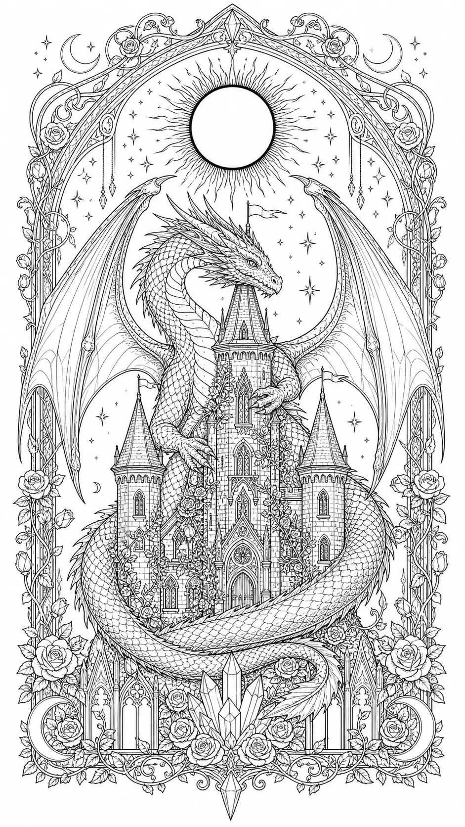 An intricate dragon coloring page showing a dragon coiled around a castle beneath a radiant sun, with a floral arch and stars.