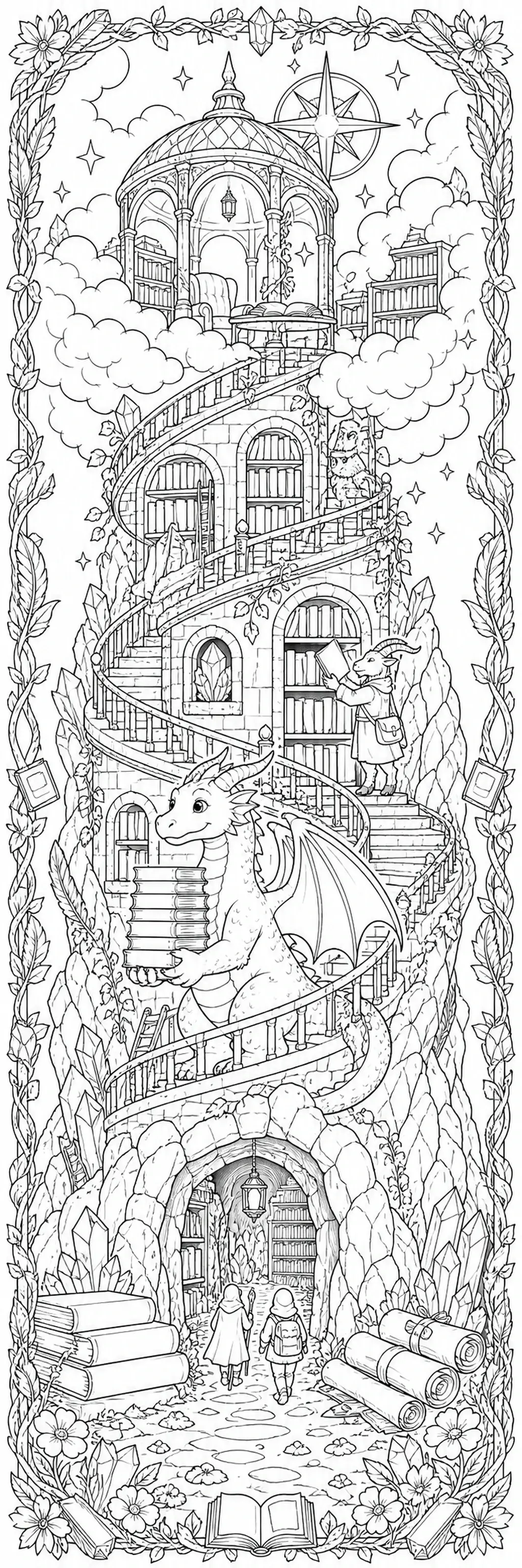 A black-and-white coloring page shows a dragon beside stacks of books in a tall library tower with winding stairs and clouds.