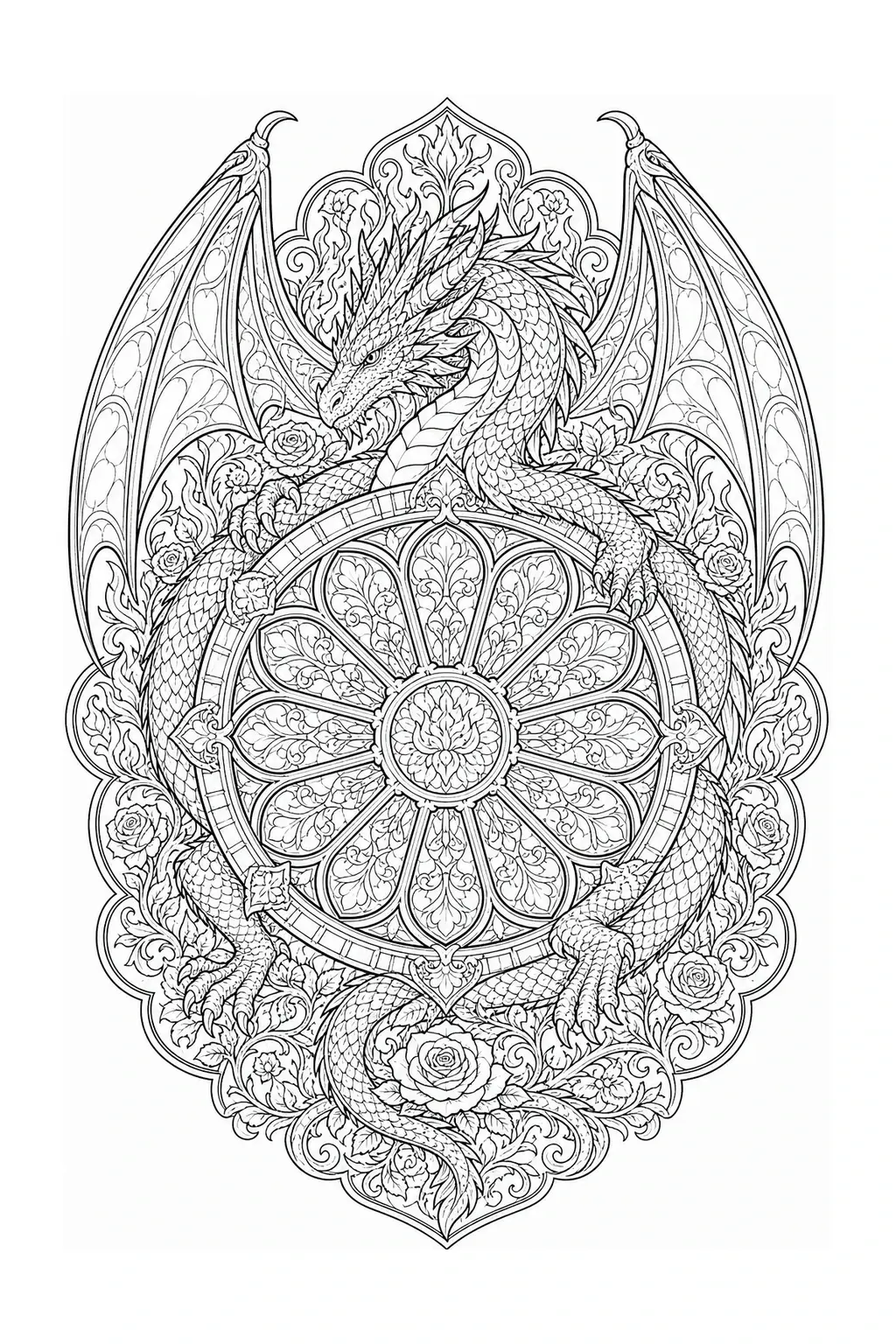 Black and white coloring page of intricate black-and-white dragon mandala with floral and stained-glass-inspired details