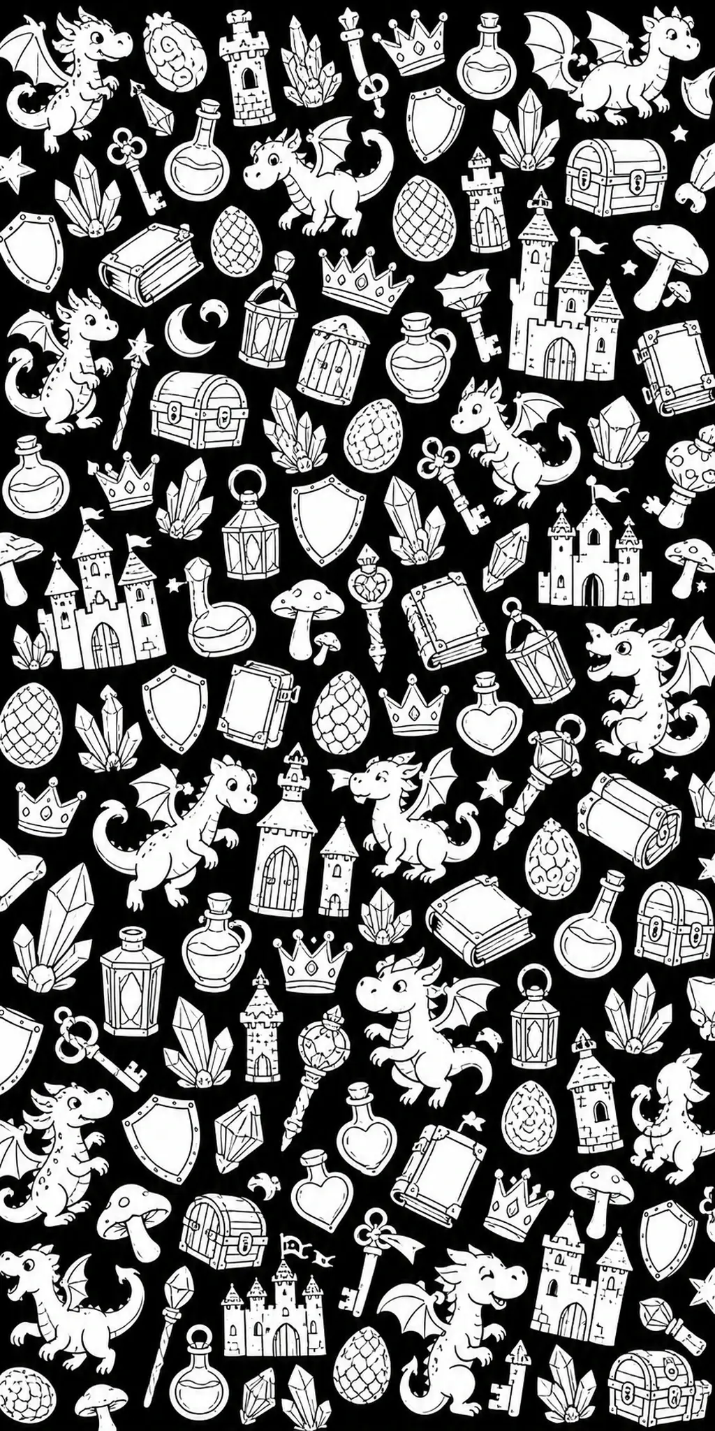 A black-and-white coloring page with repeating cute dragons, castles, crowns, keys, crystals, and treasure chests.