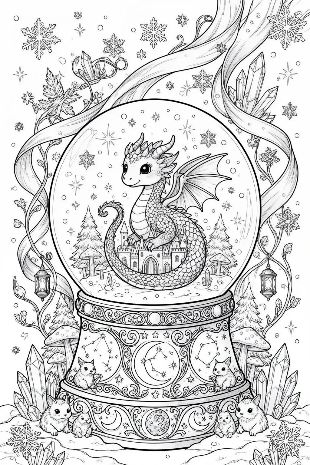 Black and white coloring page of cute dragon sitting inside a snow globe surrounded by snowflakes, crystals, and winter decorations