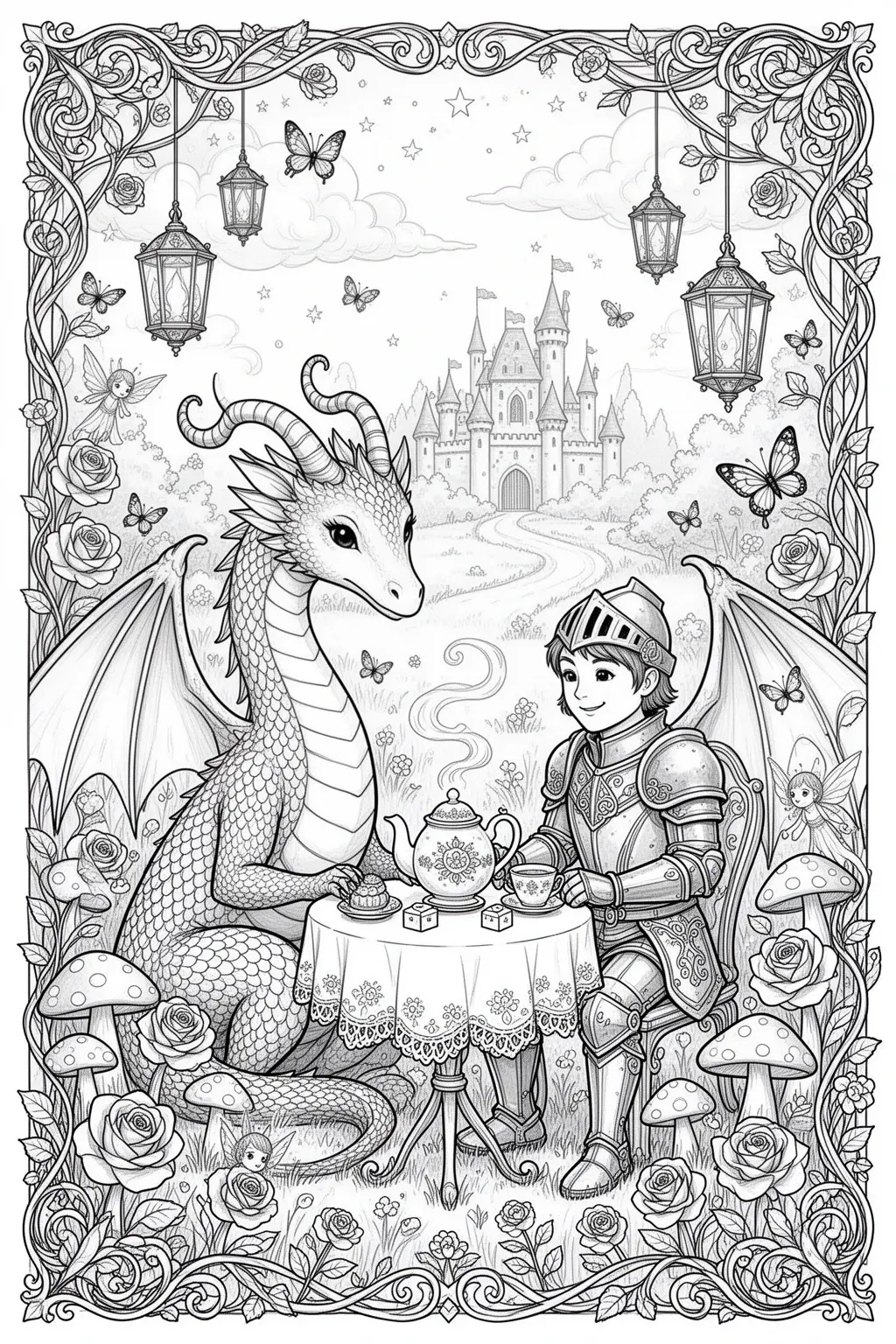 Moonlit Tea with a Dragon coloring page.