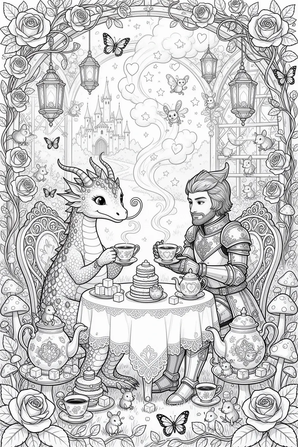 DRAGON TEA coloring page for a Magical Afternoon Feast.