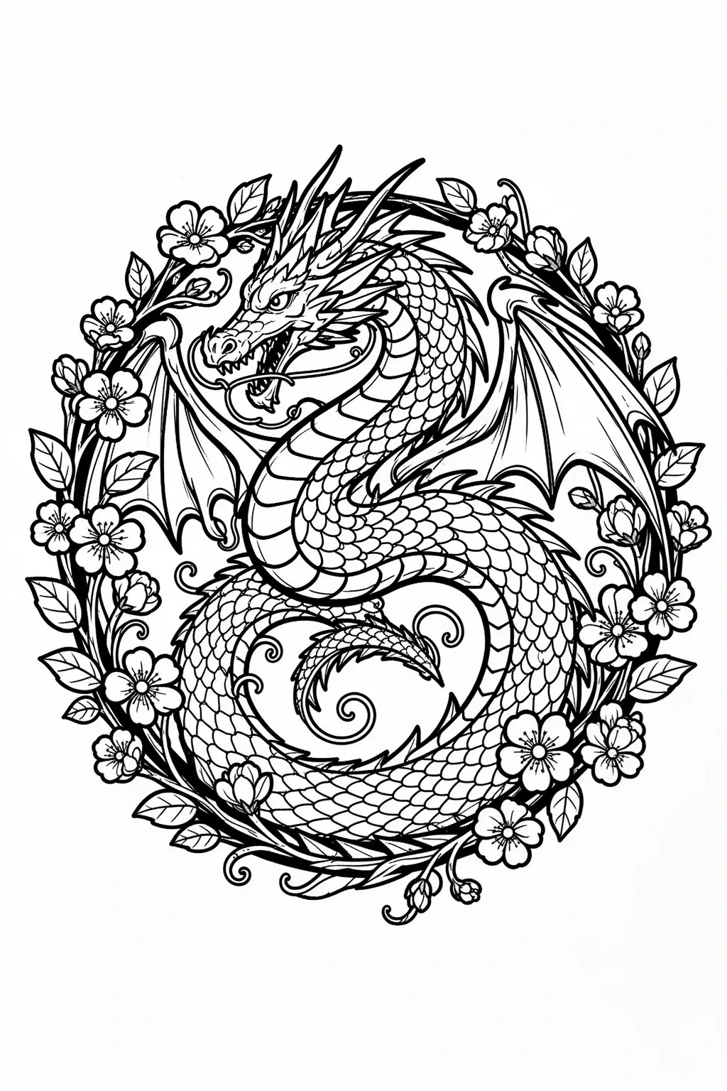 Black-and-white printable dragon emblem coloring page wrapped with flowers and vines.