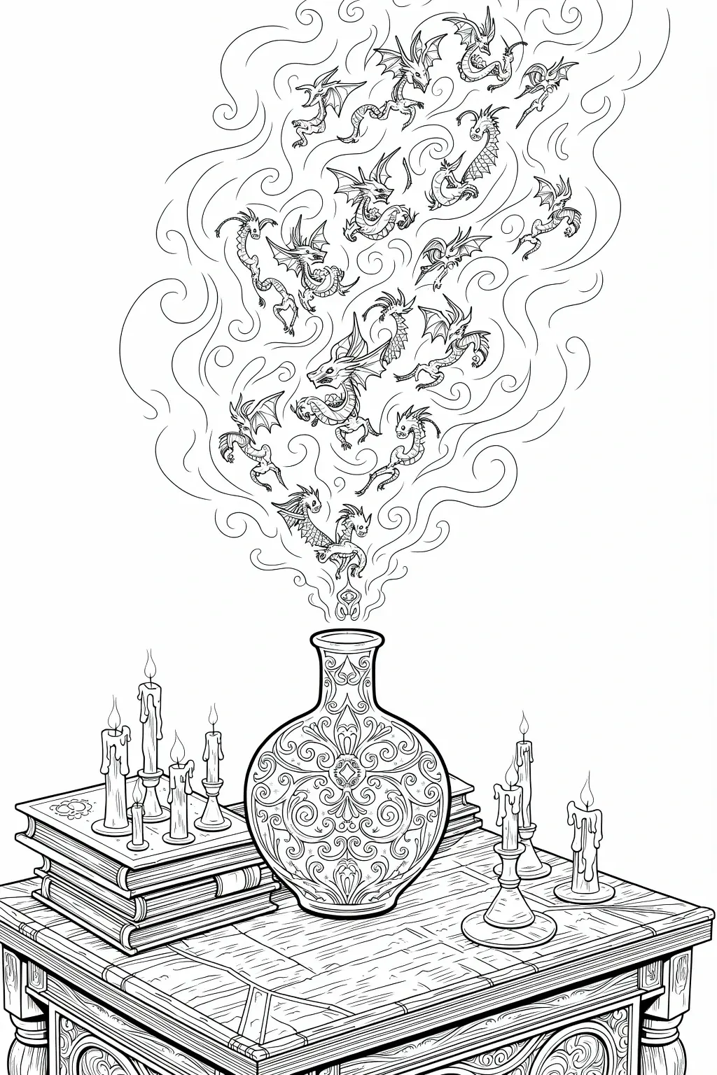 Intricate black-and-white fantasy coloring page showing a decorated vase on a wooden table with candles and stacked books; swirling smoke forms many small dragons. Great detailed coloring page, kids'