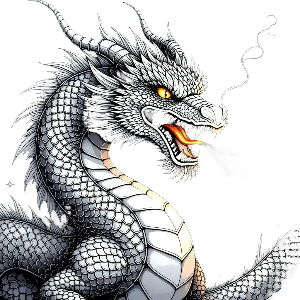 High-contrast silver dragon line art, ideal for detailed coloring page, kids' coloring page, printable coloring page and coloring sheets. Fierce fantasy creature with scales, horns, and flame-tipped