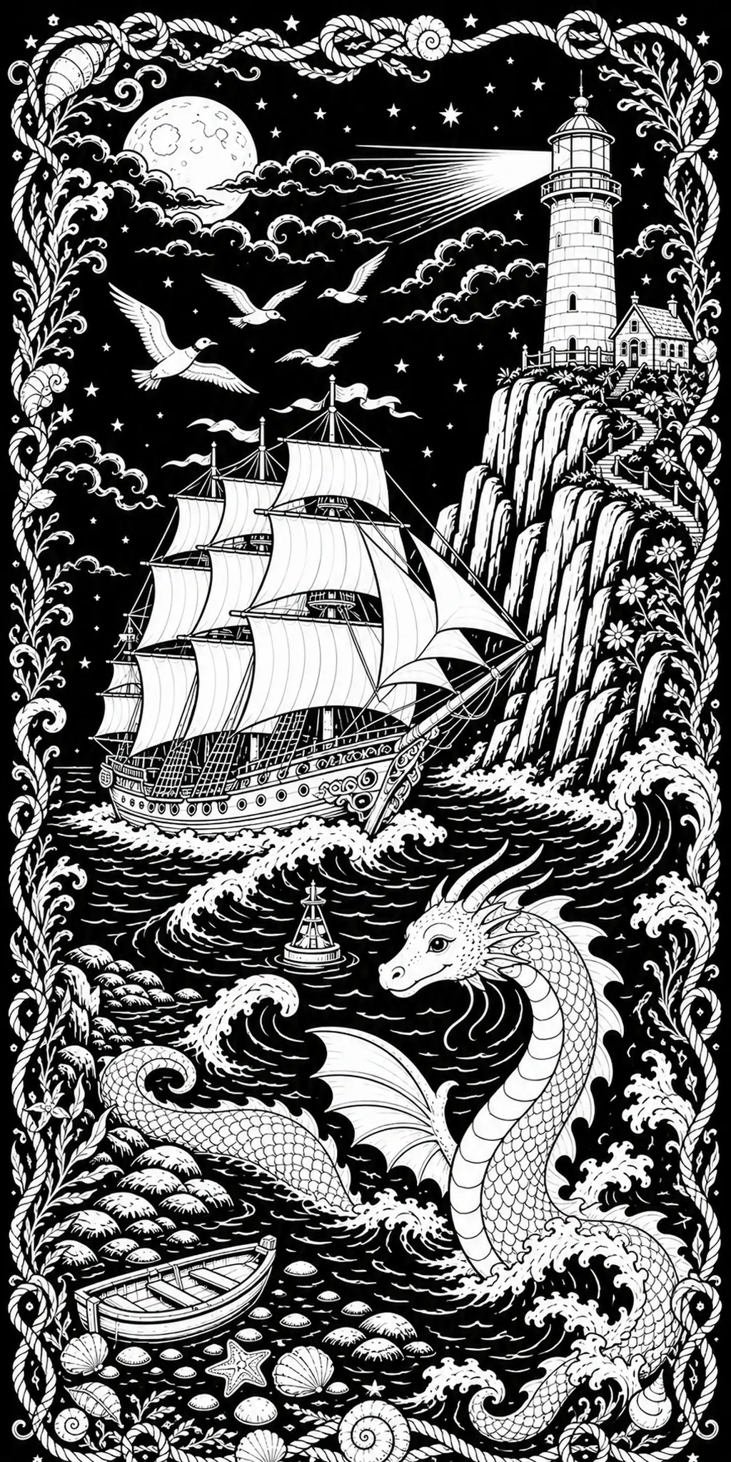 A black-and-white coloring page showing a sea dragon in choppy waves with a lighthouse, sailing ship, moon, and birds.