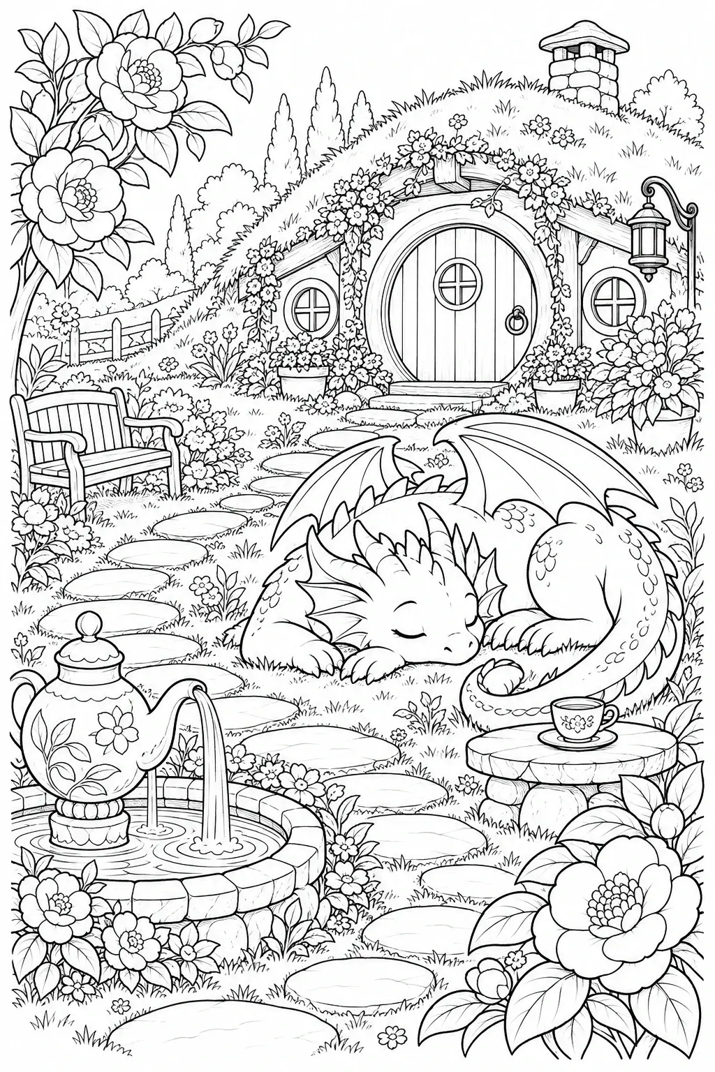 A sleeping dragon rests in a flower-filled garden coloring page with a teapot fountain, stepping stones, and a round-door cottage.