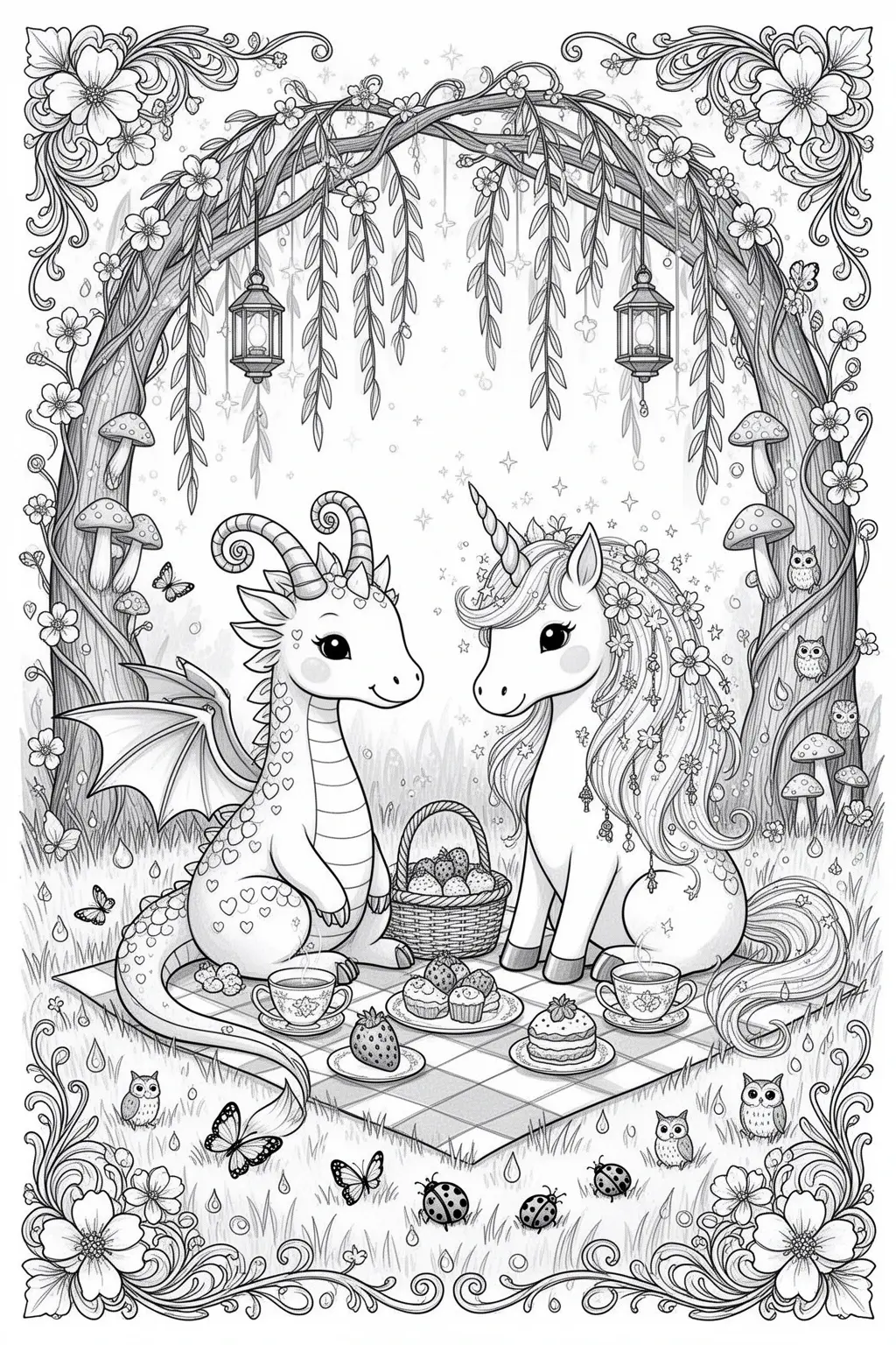 A detailed coloring page showing a unicorn and a dragon sitting together on a picnic blanket in a floral woodland scene with tea cups, treats, lanterns, butterflies, and owls.