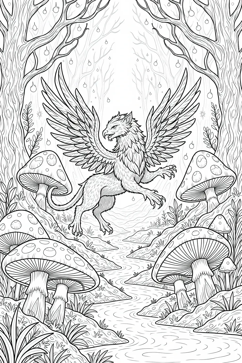 Black and white coloring page of winged griffin standing in a fantasy forest with large mushrooms and a winding stream