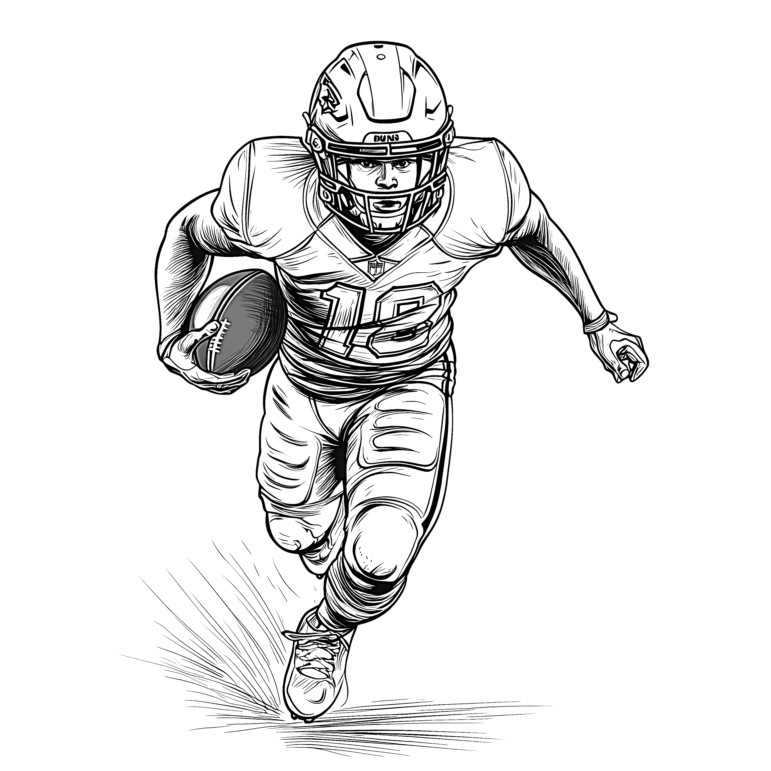 An American football player running forward while holding a football, drawn as a black-and-white coloring page.