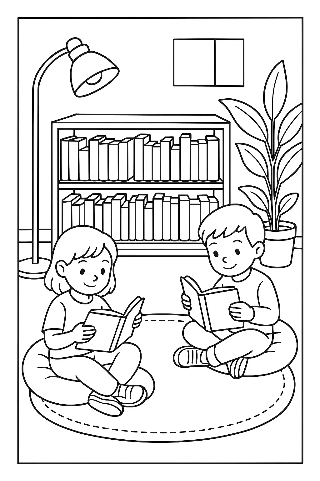 Black and white coloring page of two children sitting on cushions and reading books in a library corner with a lamp, bookshelf, and potted plant