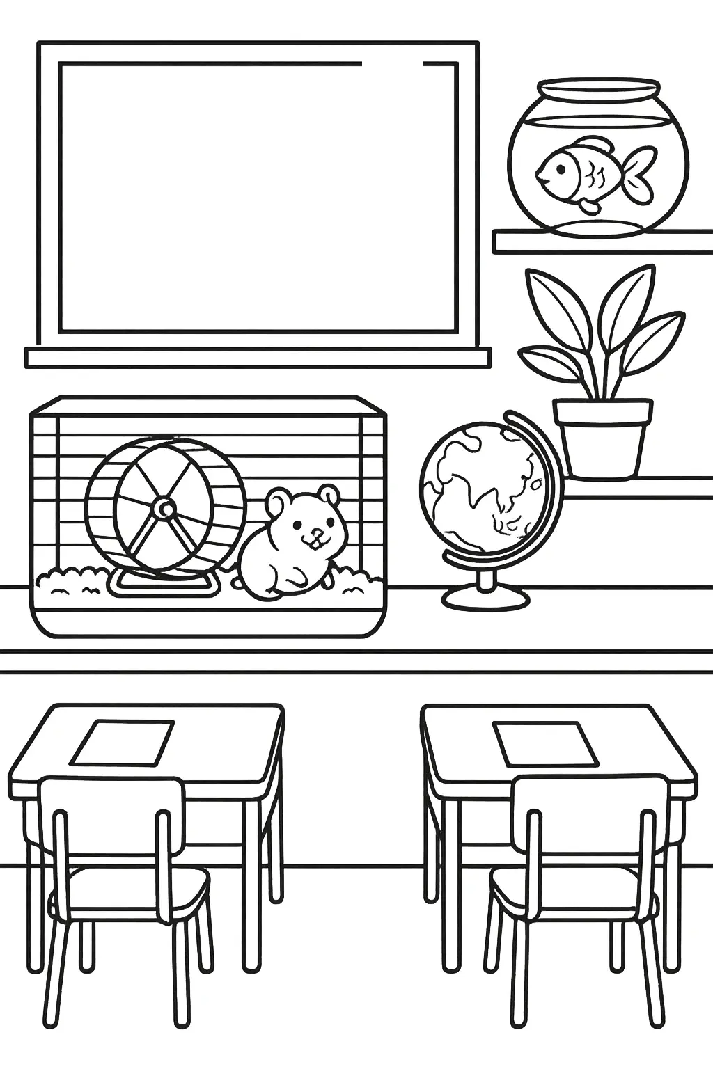 Coloring page showing a classroom scene with a fishbowl, hamster cage, globe, potted plant, whiteboard, desks, and chairs.