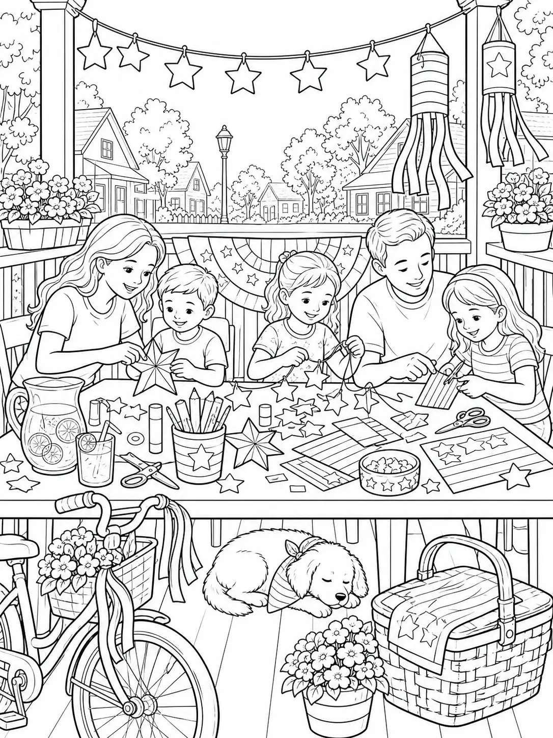 Black and white coloring page of family and children sitting at a table making star crafts on a decorated porch, with houses, flowers, a bicycle, and a sleeping dog nearby