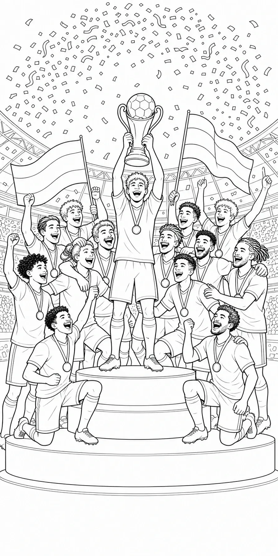 A soccer team celebrates on a podium with a trophy, medals, confetti, and waving flags in a coloring page.