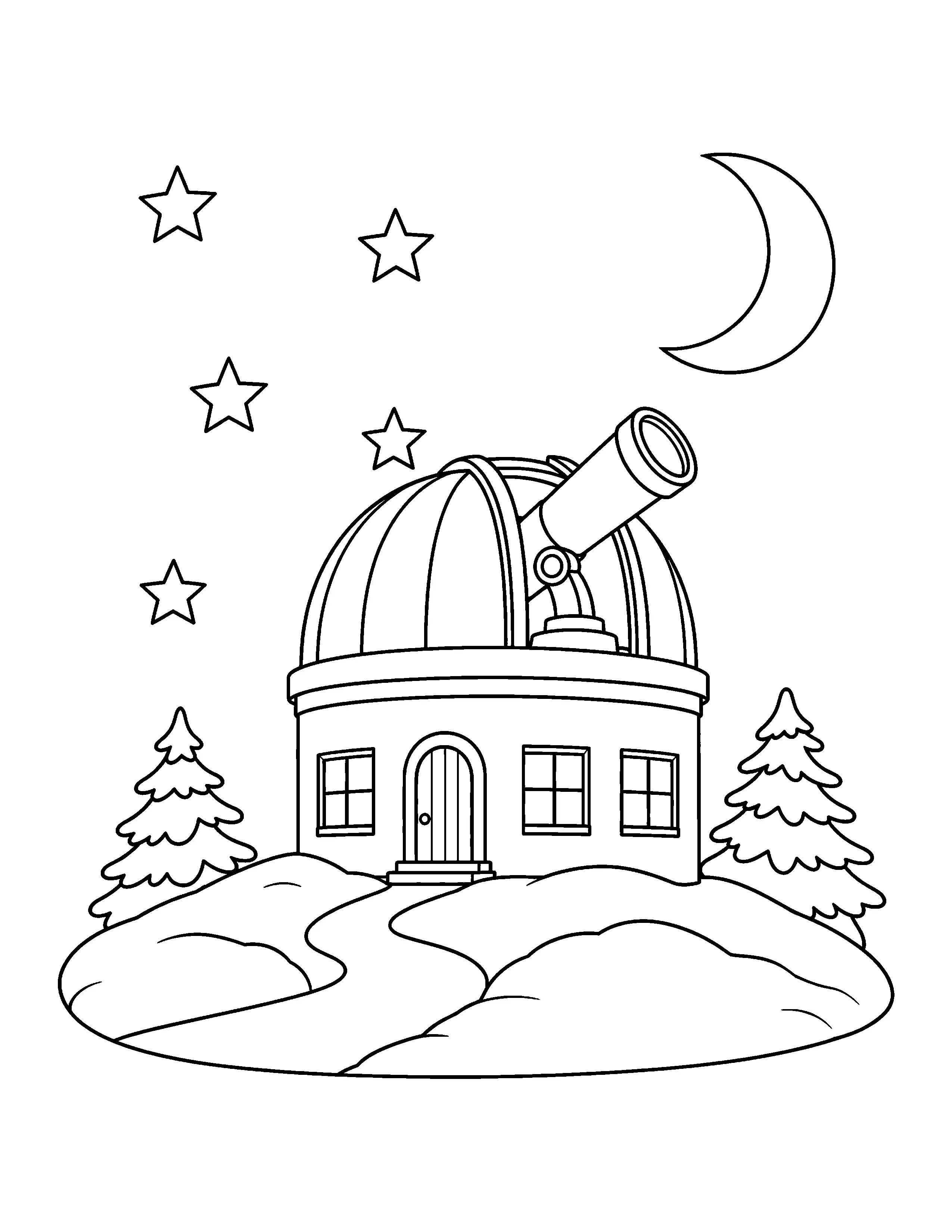 A line-art observatory with a telescope sits among snowy hills and pine trees beneath a crescent moon and five stars in this coloring page.