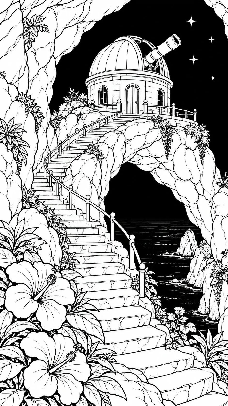 This detailed coloring page shows a domed observatory with a telescope above winding stone stairs, rocky cliffs, flowers, water, and stars.