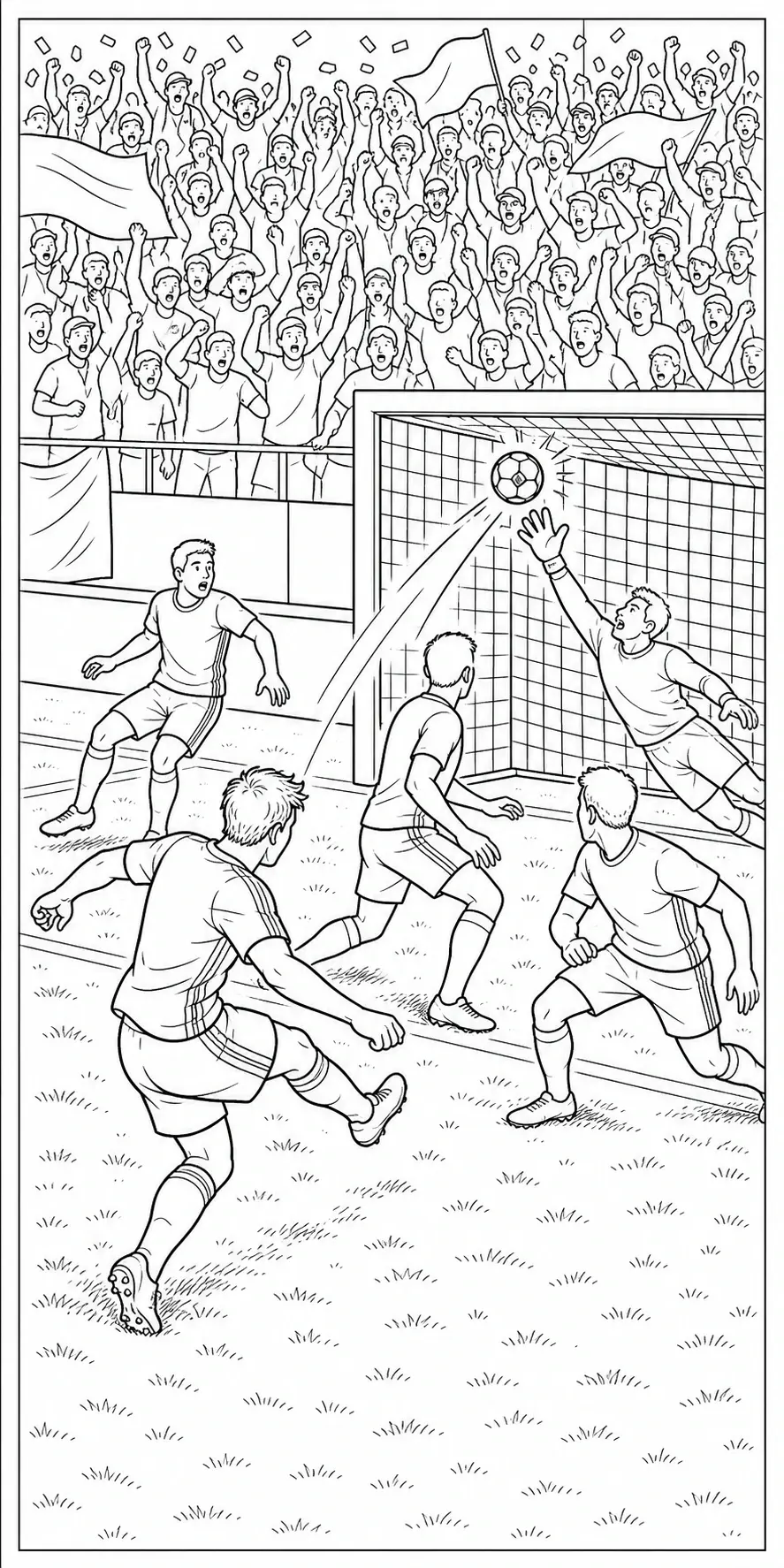 A soccer coloring page shows players near the goal as the ball flies toward the net and fans cheer in the stands.