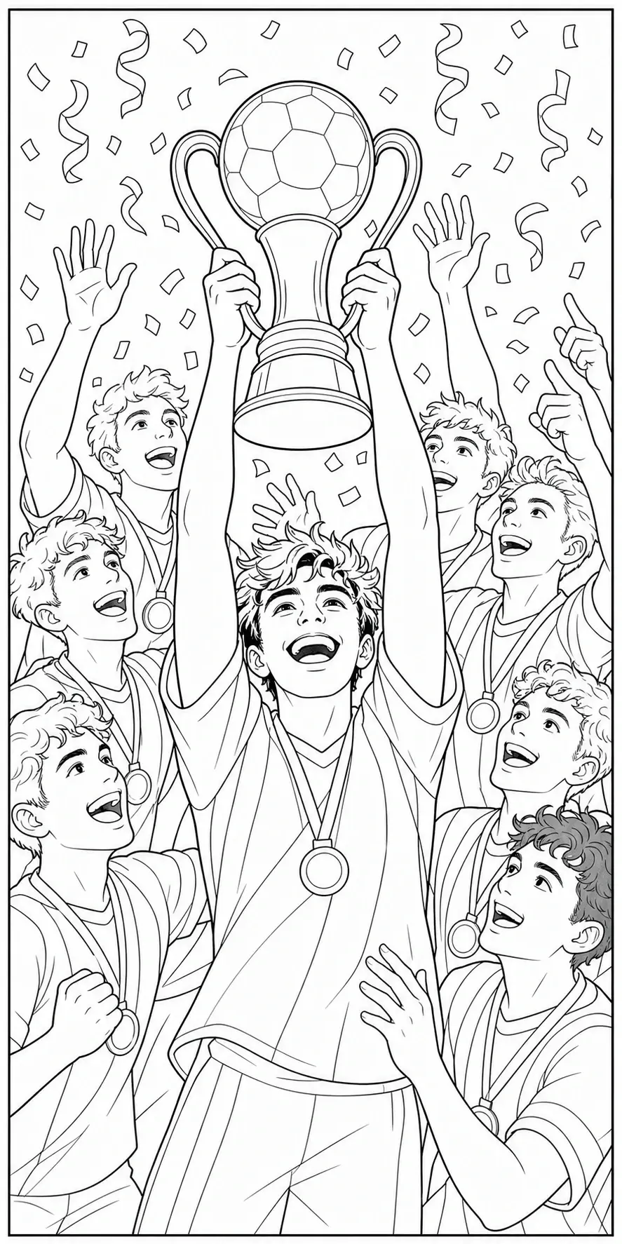 A soccer team celebrates while lifting a trophy and confetti falls around them coloring page.
