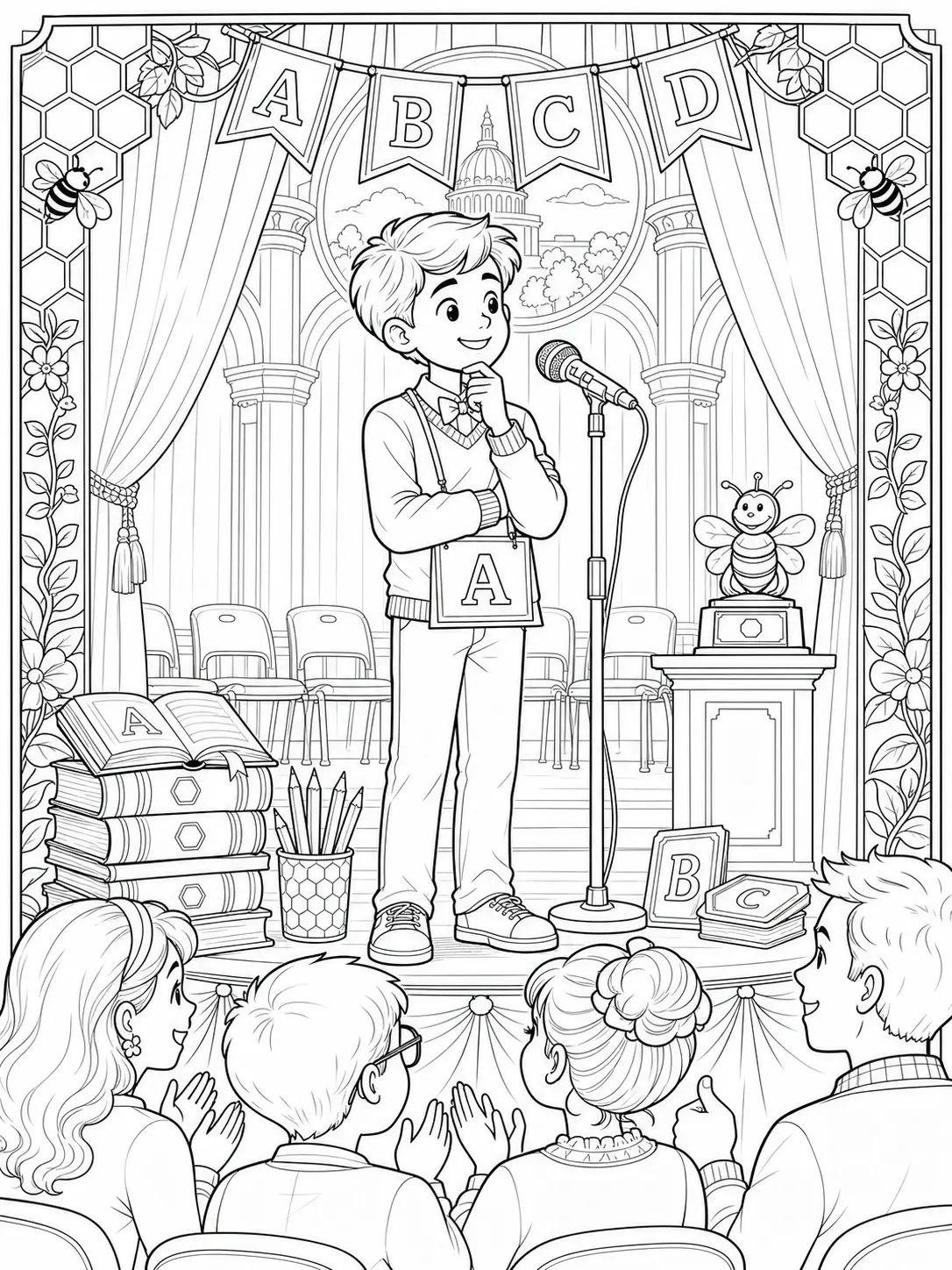 Black and white coloring page of child stands on a stage with a microphone during a spelling bee competition, with letters, books, and an applauding audience around them