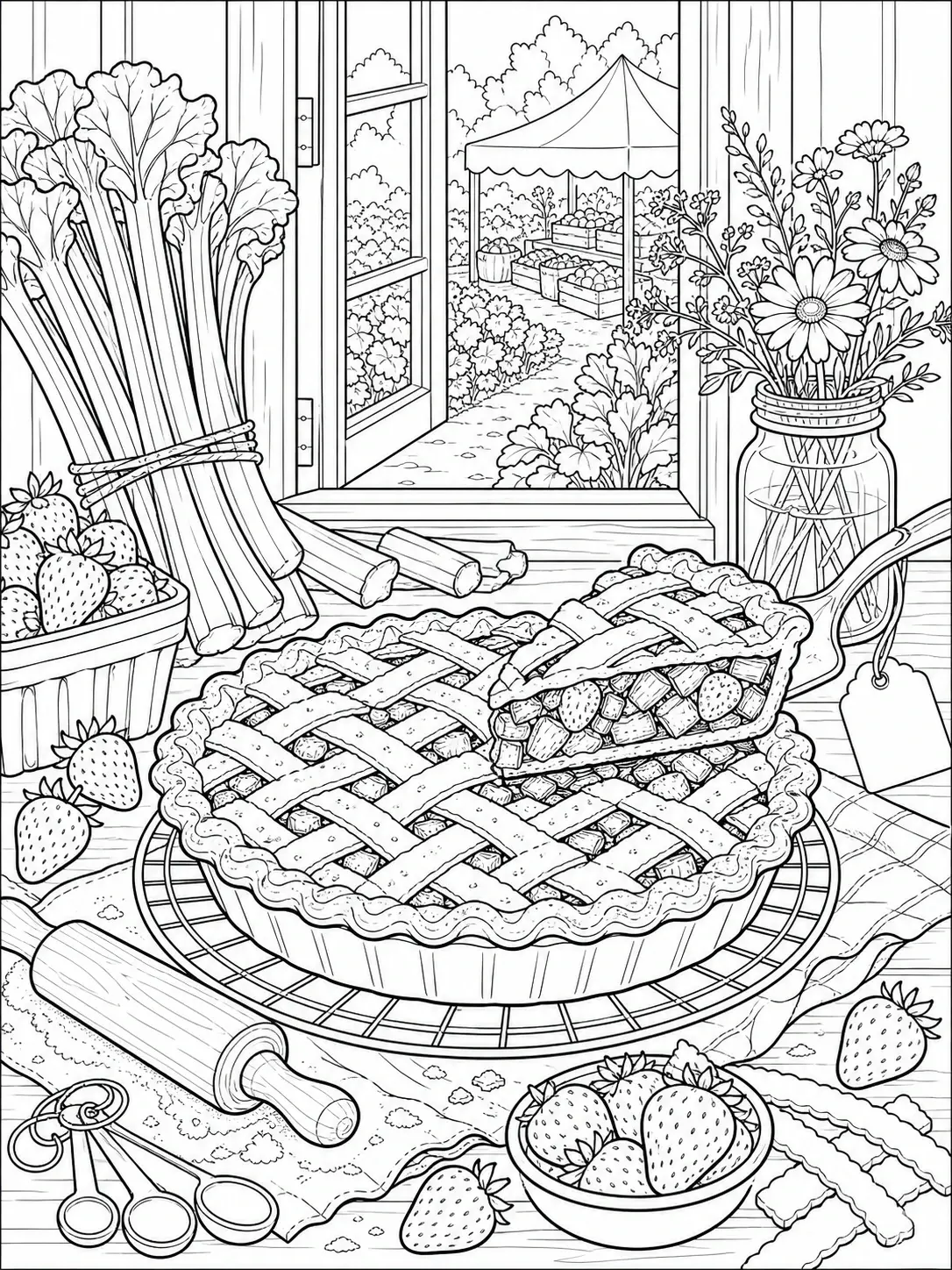 A detailed coloring page of a strawberry rhubarb pie on a cooling rack with strawberries, rhubarb stalks, flowers, and a farmers market scene in the background.