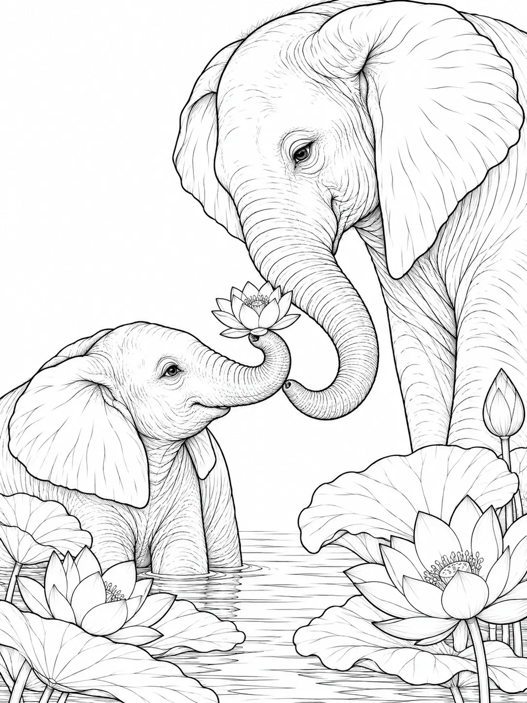 A detailed coloring page shows an adult elephant and a calf in a pond, with the calf holding a lotus flower among large pond blooms.