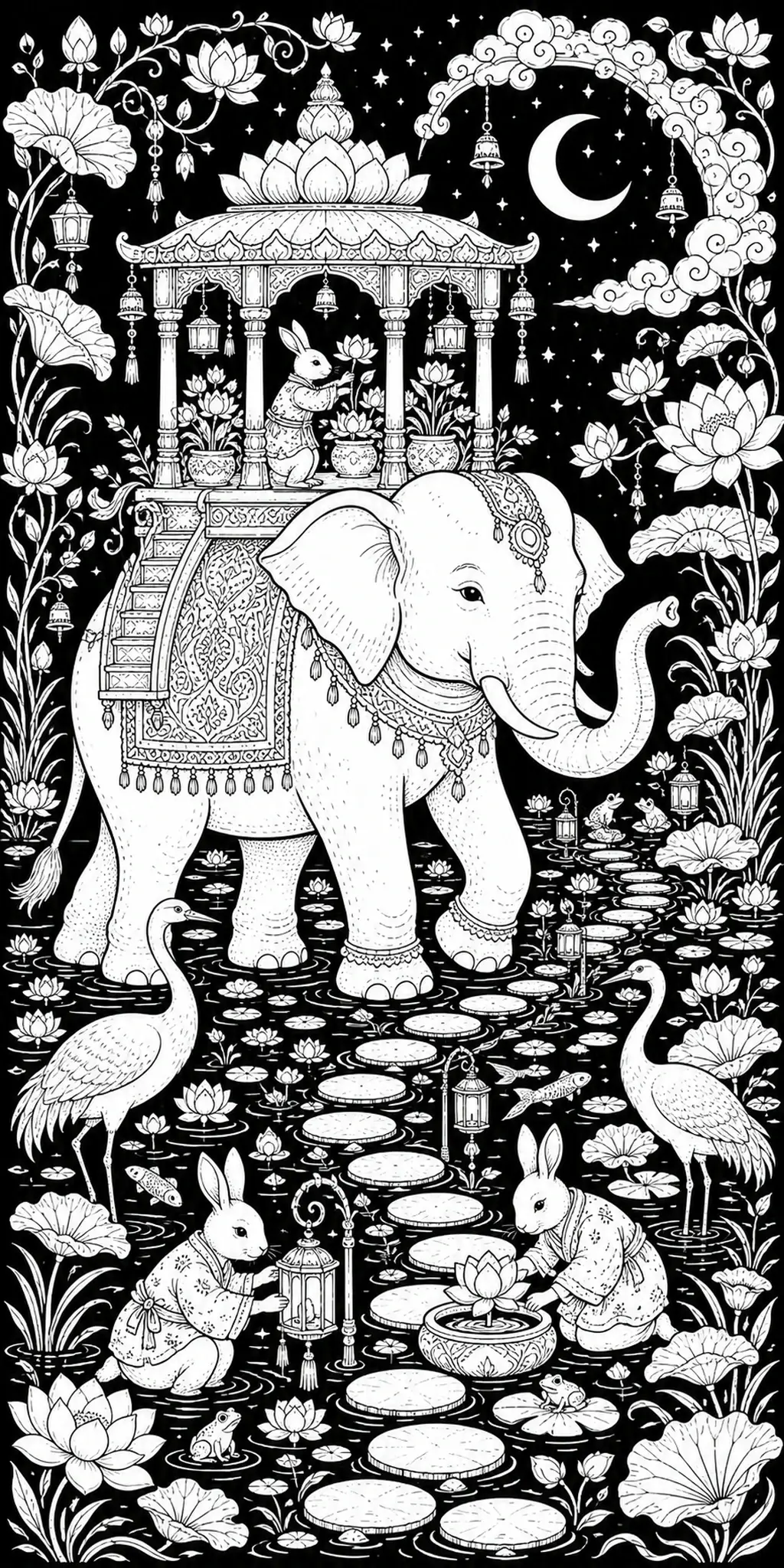 An elephant coloring page shows a decorated elephant in a lotus pond scene with a pavilion, lanterns, moon, cranes, and rabbits.