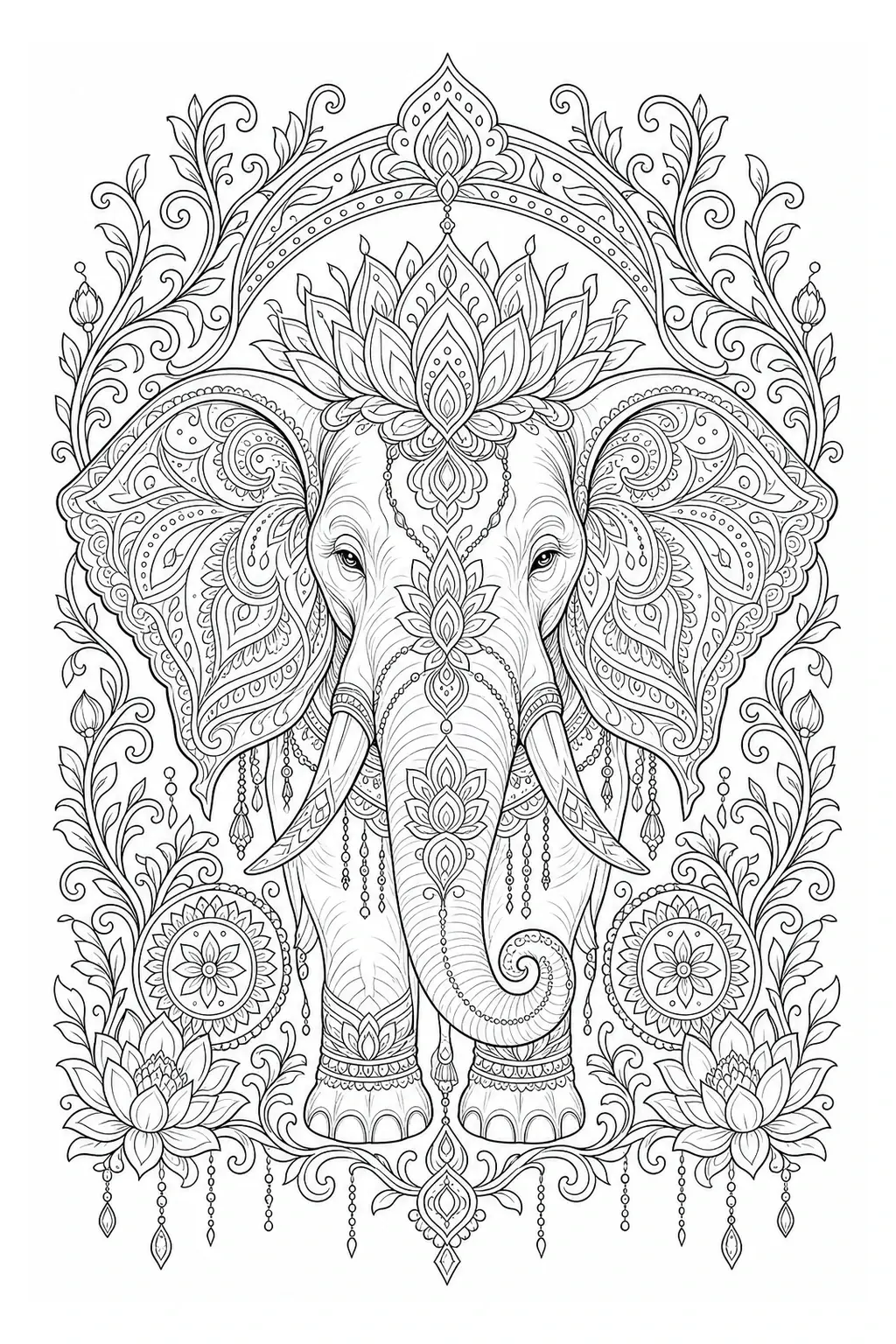 Decorative elephant mandala coloring page with floral and paisley patterns, lotus flowers, and intricate ornamental details.