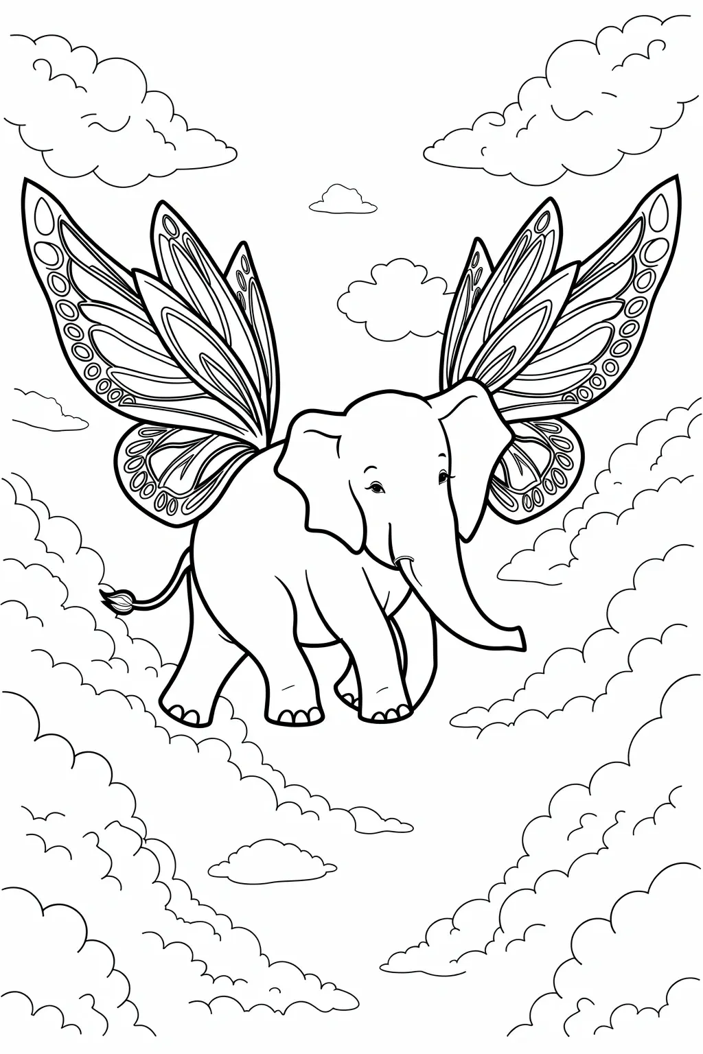 Black and white coloring page of whimsical elephant with large butterfly wings flying among clouds