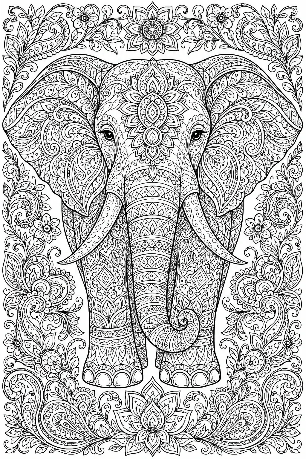 An ornate elephant coloring page with floral mandala patterns covering the face, ears, and body.
