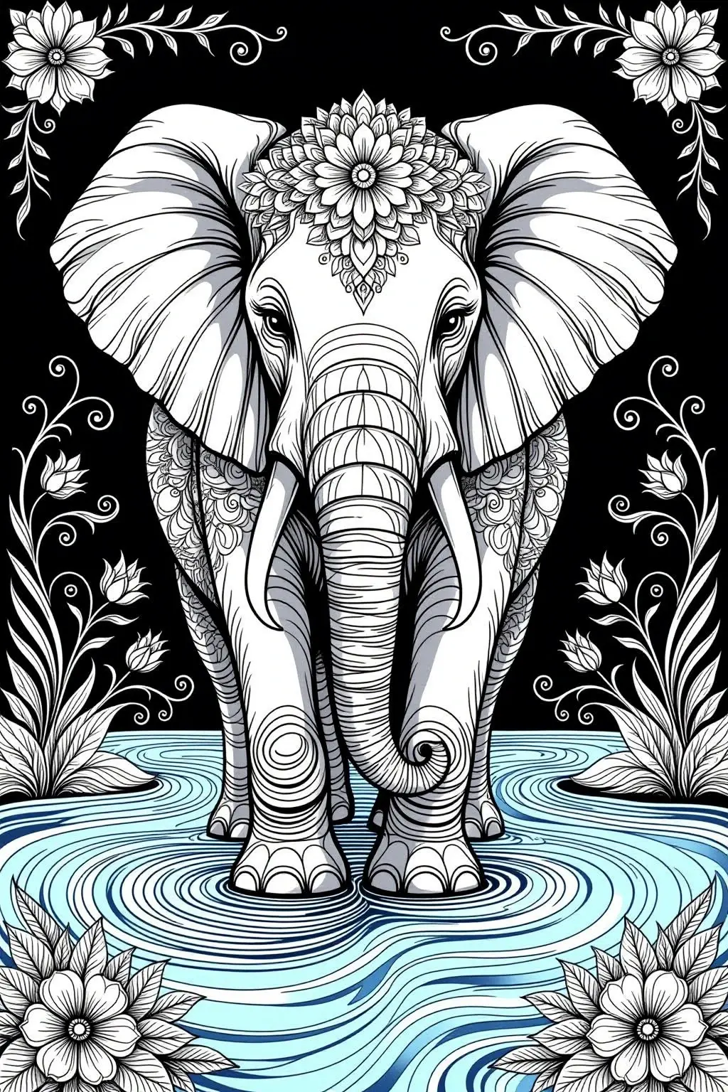 Intricate line-art of a mandala-style elephant with floral borders and rippling blue water on a black background ideal for animal lovers seeking detailed coloring page, kids' coloring page, printable