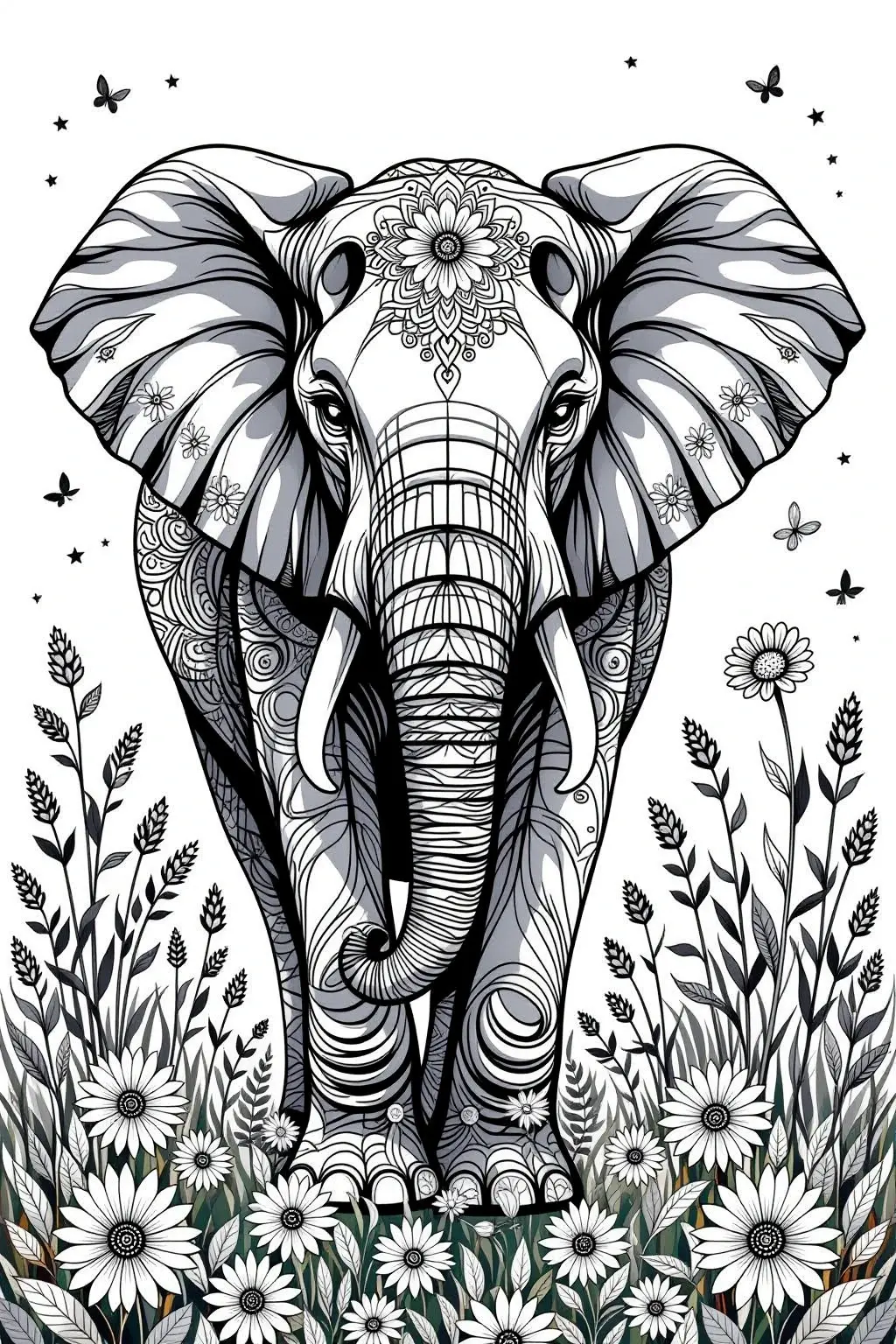 Black-and-white animal illustration of a mandala-style elephant standing in spring flowers; ideal for detailed coloring page, kids' coloring page, printable coloring page collections, and printable