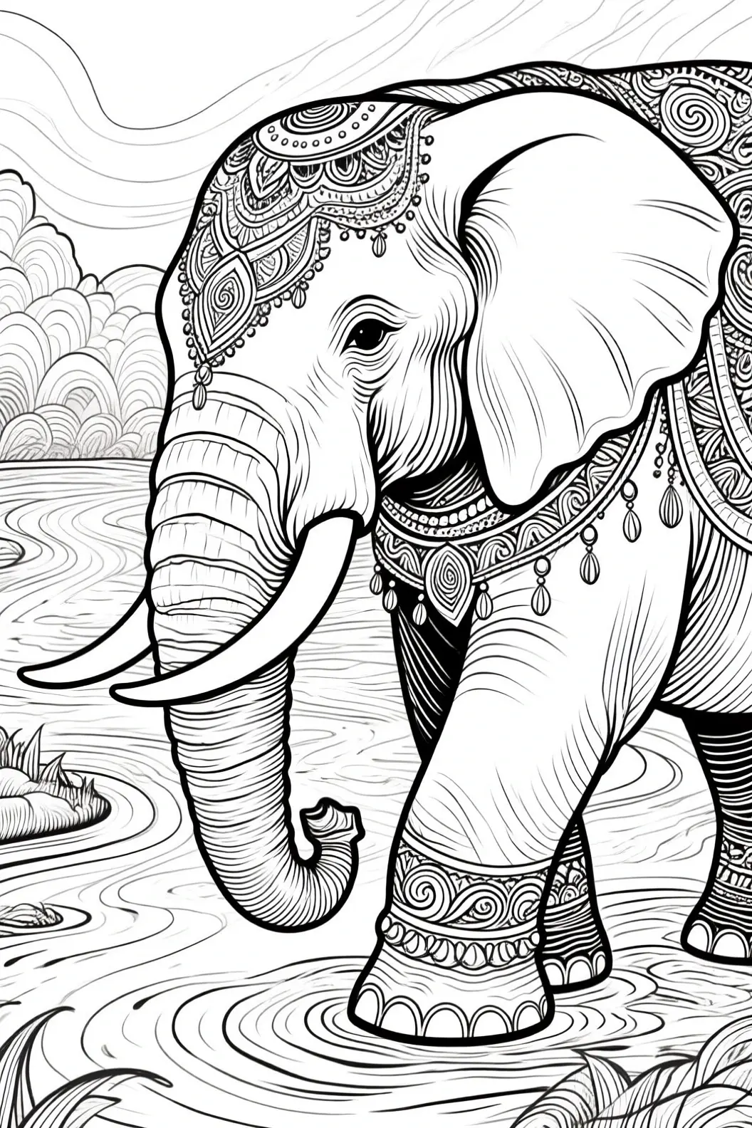 Detailed coloring page of a majestic elephant with intricate patterns, perfect for kids' and adult coloring page.