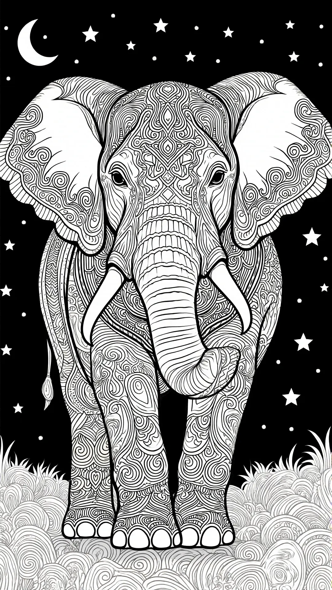 Intricate elephant mandala coloring page at night with moon and stars, detailed coloring page, kids' coloring page, printable coloring page and coloring sheets.