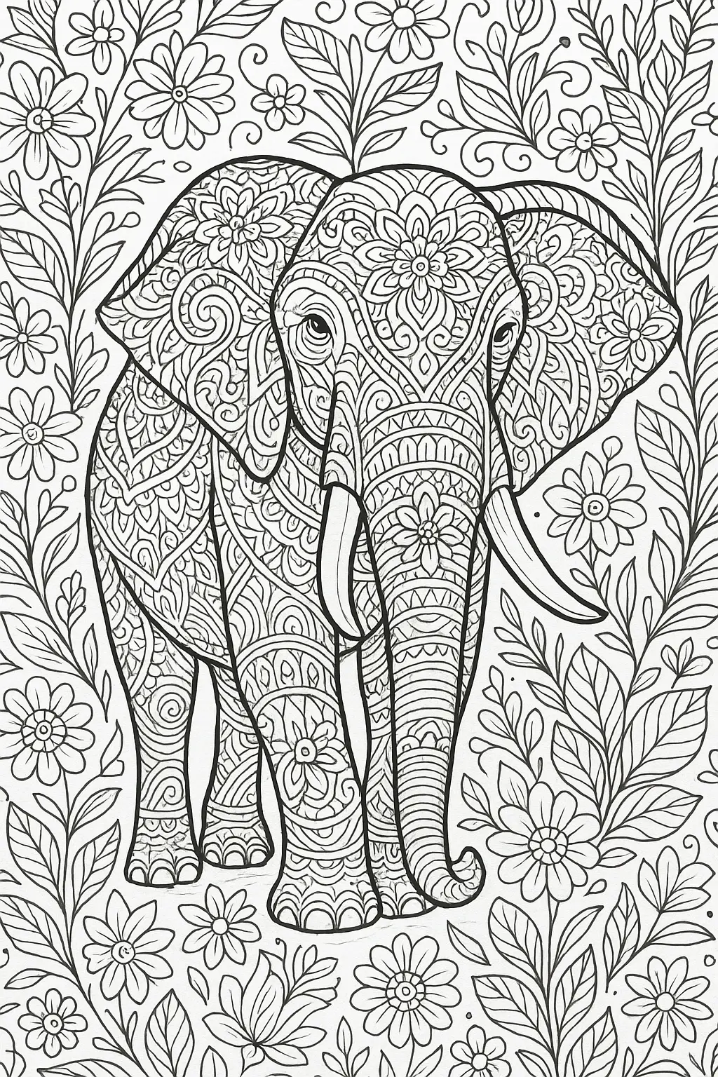 Black and white elephant mandala coloring page with floral patterns detailed coloring page, kids' coloring page, printable coloring page, coloring sheets.