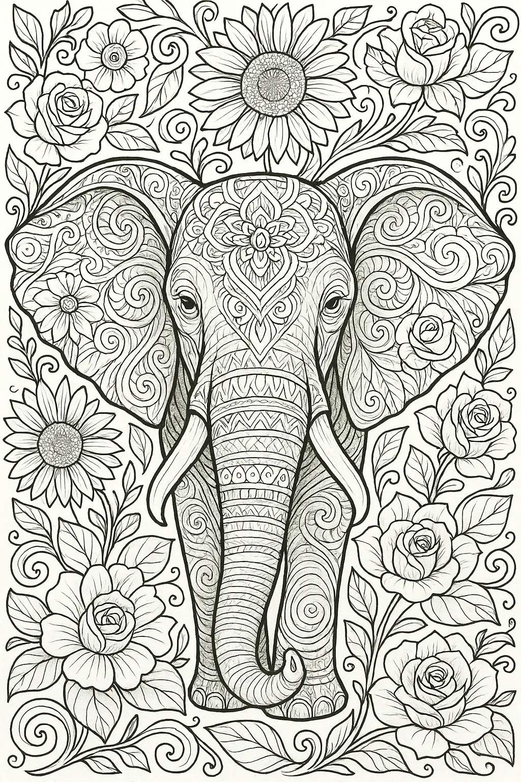 Black and cream elephant mandala line art surrounded by flowers detailed coloring page and kids' coloring page style; ready as a printable coloring page or individual coloring sheets.