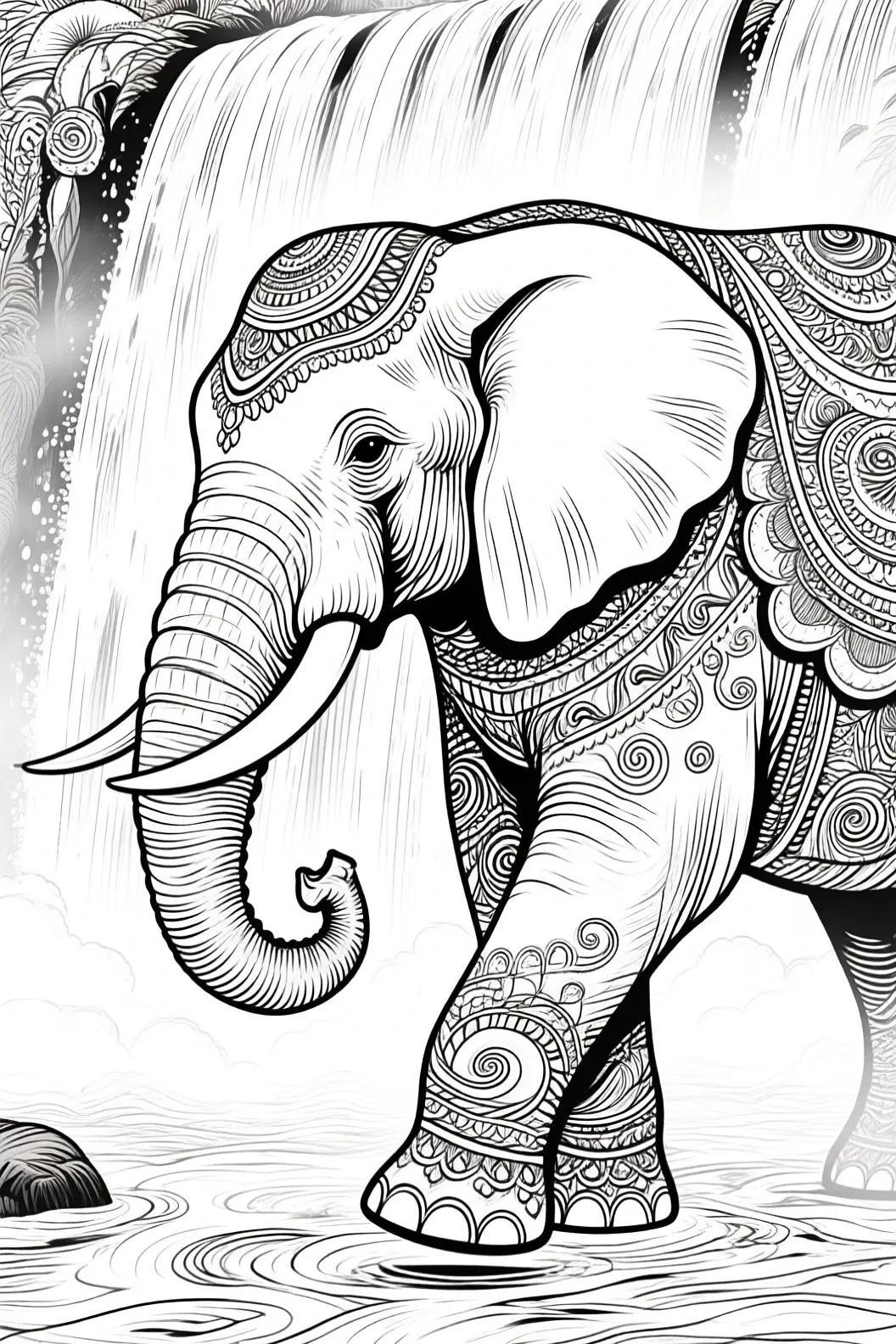 Black and white elephant mandala coloring page with intricate patterns detailed coloring page, kids' coloring page, printable coloring page, coloring sheets.