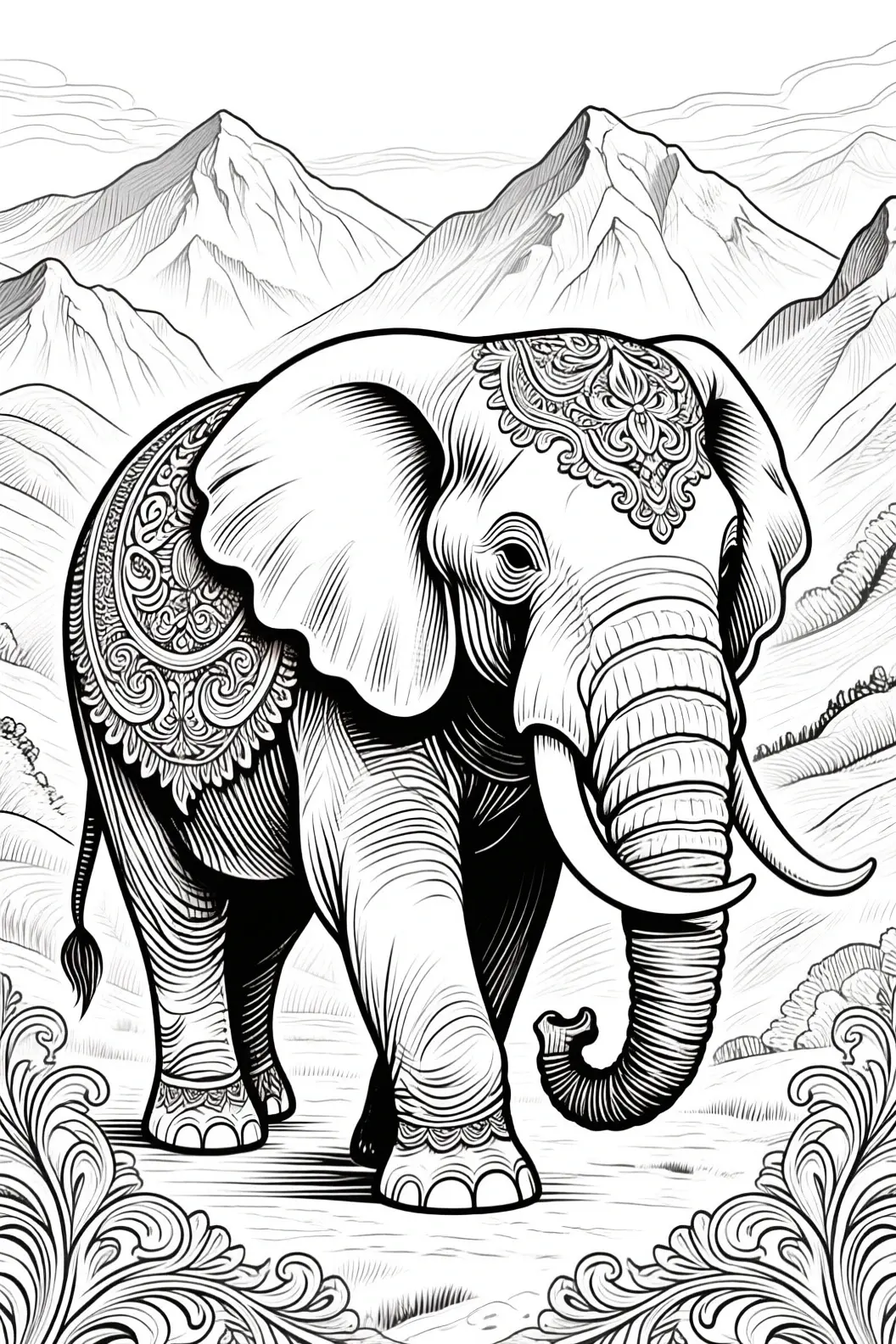 Black-and-white ornate elephant line art with mandala patterns and mountain background detailed coloring page, kids' coloring page, printable coloring page and coloring sheets for animal and mandala