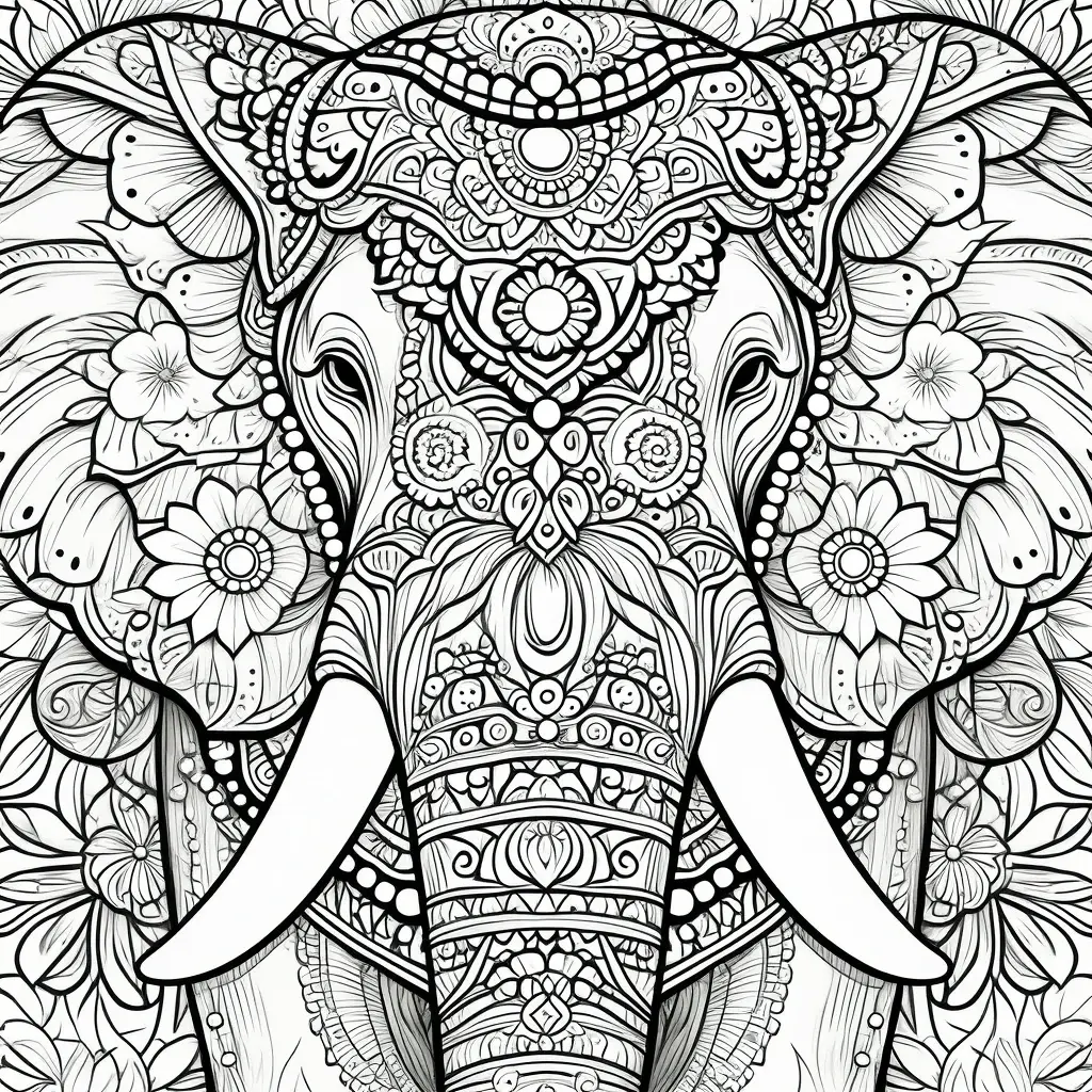 Black and white elephant mandala with intricate floral patterns and detailed line art for detailed coloring page, kids' coloring page, printable coloring page, and coloring sheets; a beautiful animal