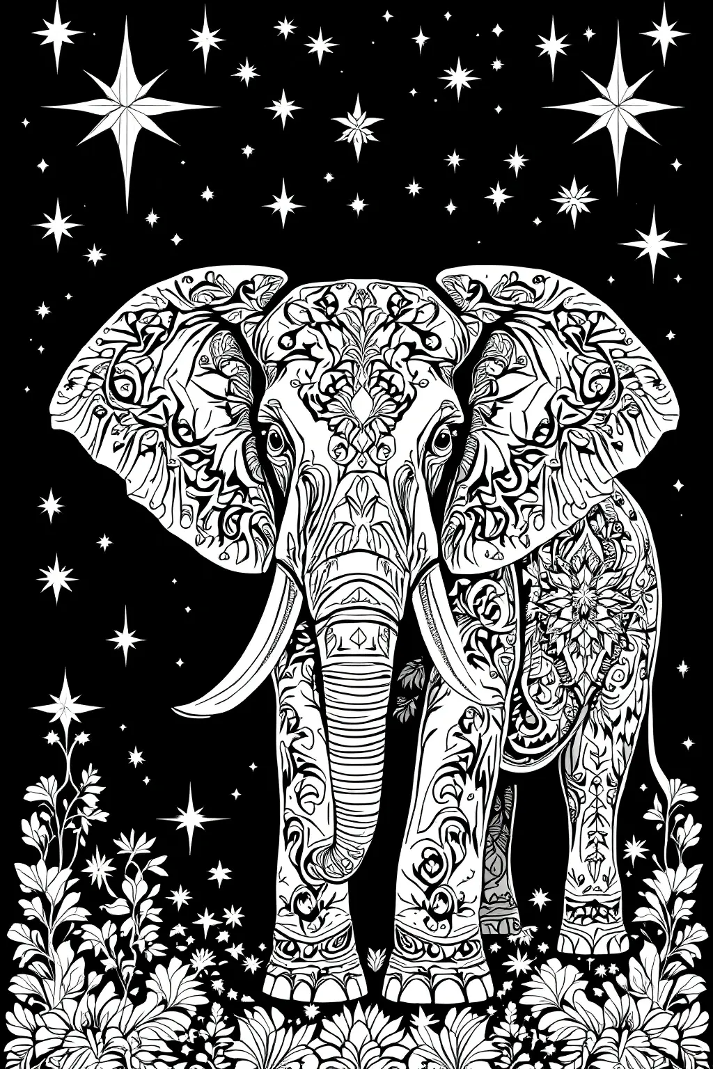 Black-and-white ornate elephant mandala coloring page with stars and floral border detailed coloring page, kids' coloring page, printable coloring page and coloring sheets featuring an animal mandala