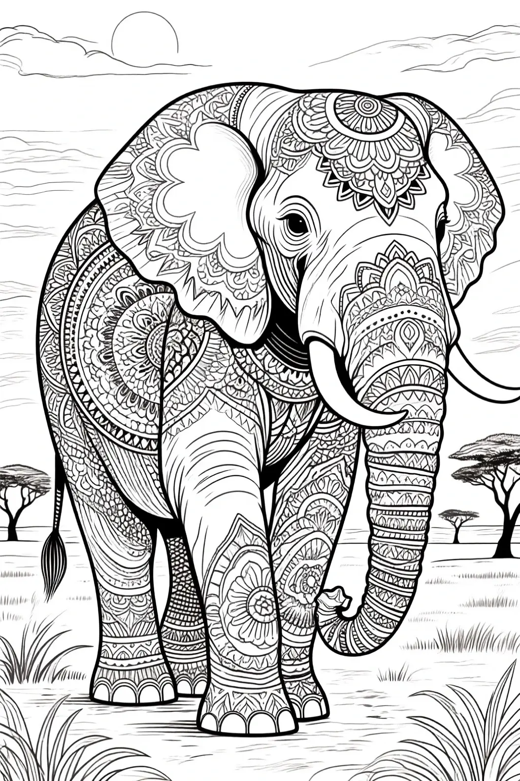Intricate black-and-white elephant with mandala patterns in a savanna setting; great for animal coloring page and mandala coloring page. Ideal as detailed coloring page for adults and kids' coloring