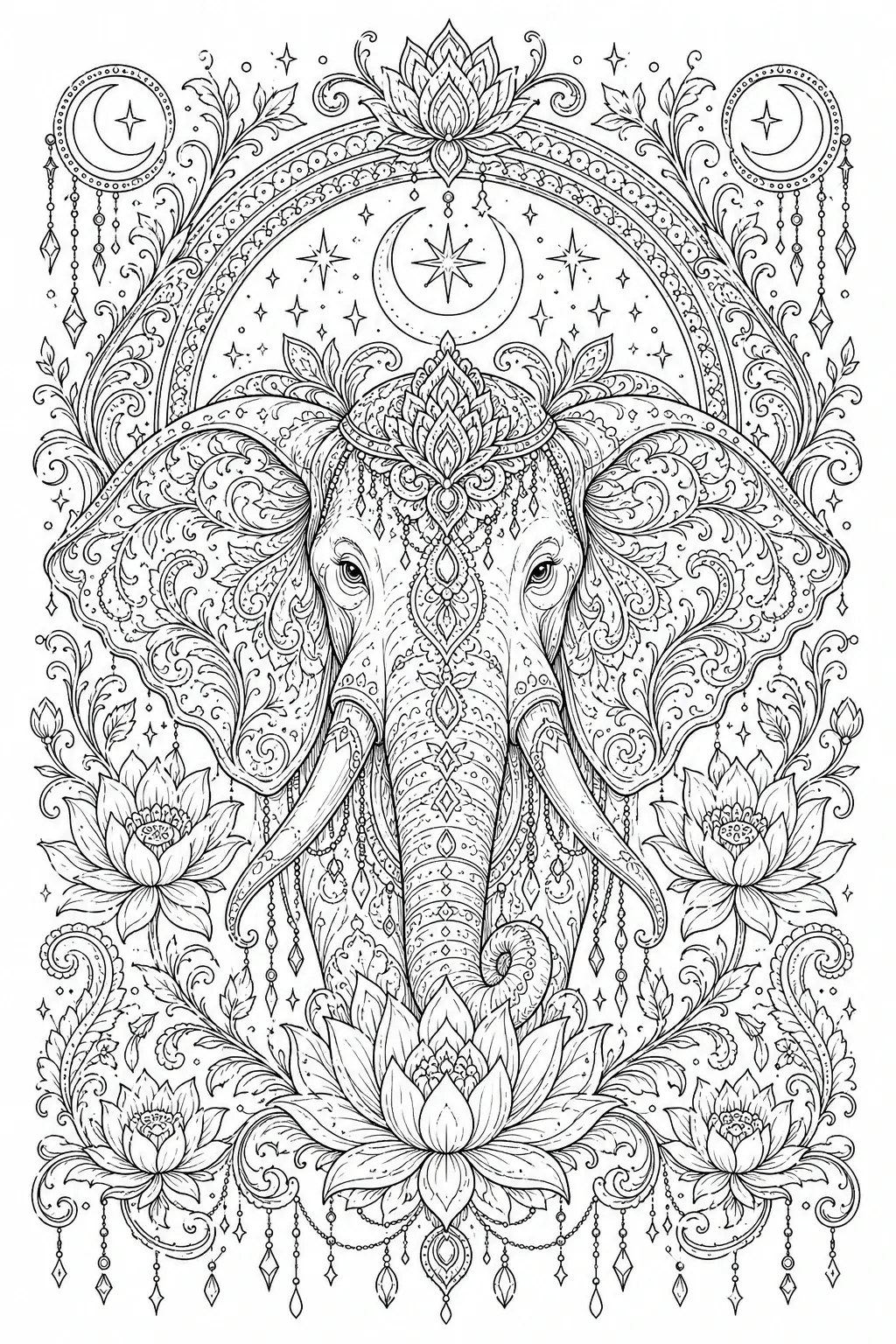 An intricate black-and-white coloring page of a decorated elephant surrounded by floral mandala patterns, lotus flowers, and crescent moon motifs.