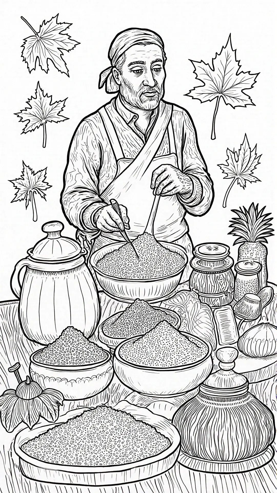 Black-and-white line drawing of a spice merchant in an apron mixing bowls of grains at a market table with autumn leaves people coloring page for fall coloring page. Works as detailed coloring page