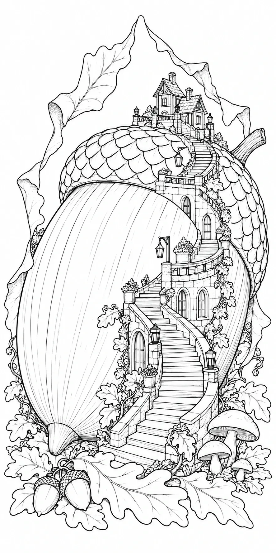 A black-and-white coloring page shows an acorn-shaped house with winding stone stairs, oak leaves, and mushrooms.