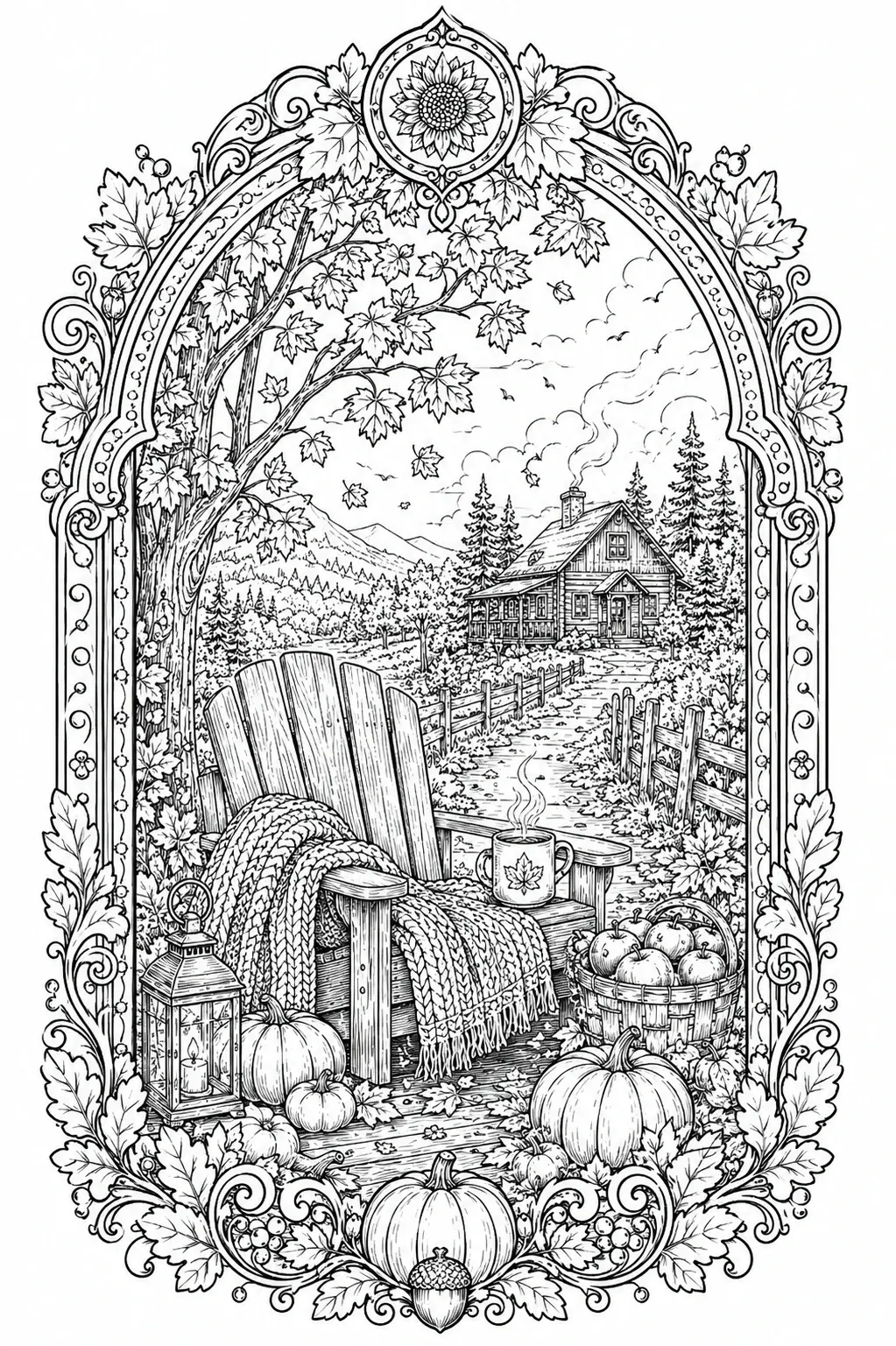 An intricate coloring page shows an autumn cabin landscape with pumpkins, a chair, a lantern, and an ornate leafy frame.