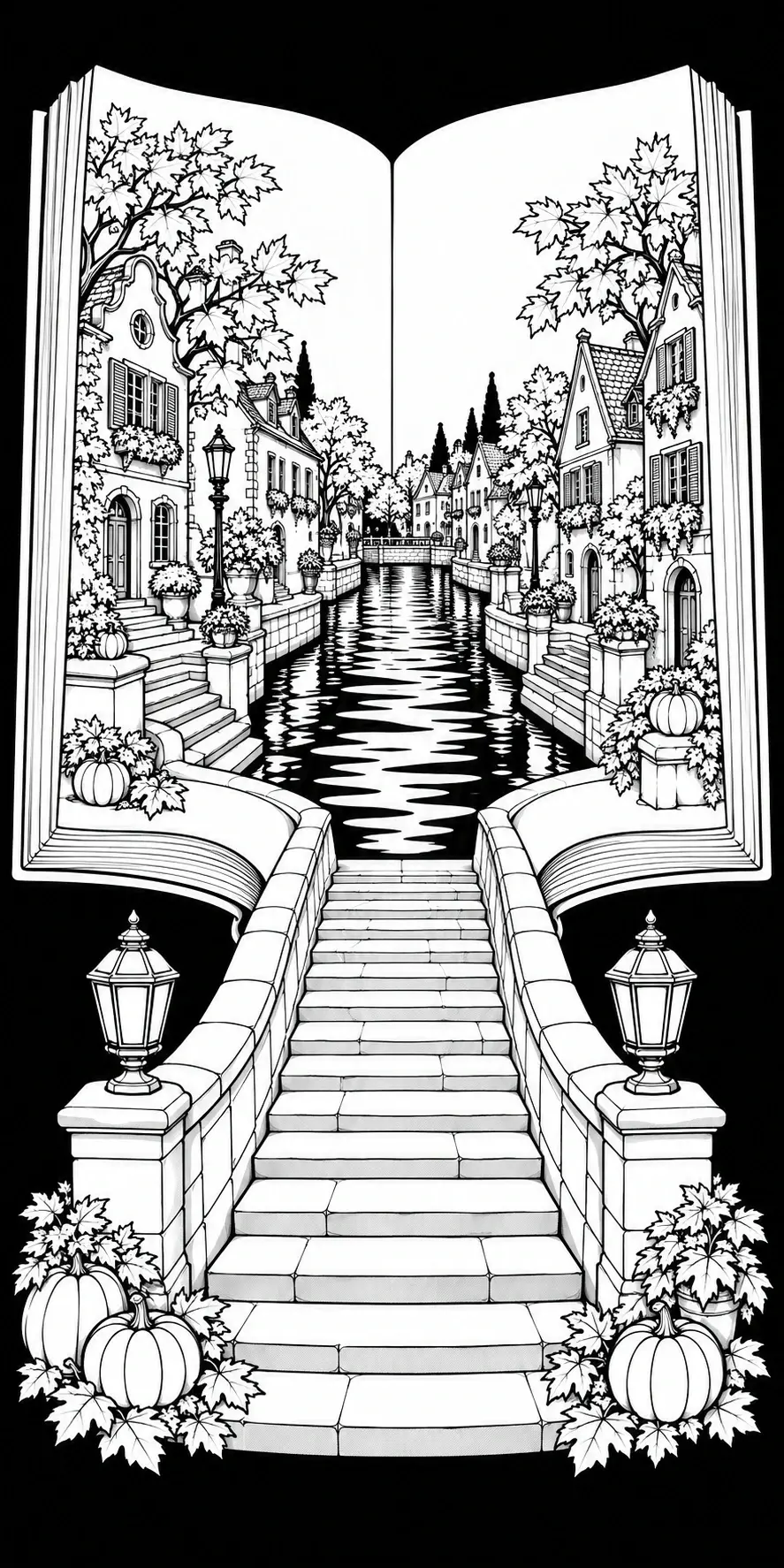 A black-and-white coloring page shows an autumn canal village framed by an open book, with houses, stairs, pumpkins, and falling leaves.