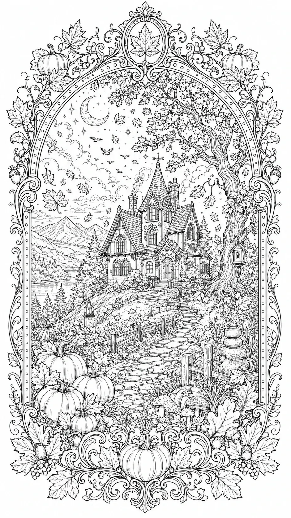 A detailed coloring page shows an autumn cottage landscape with pumpkins, falling leaves, a moon, and an ornate decorative frame.